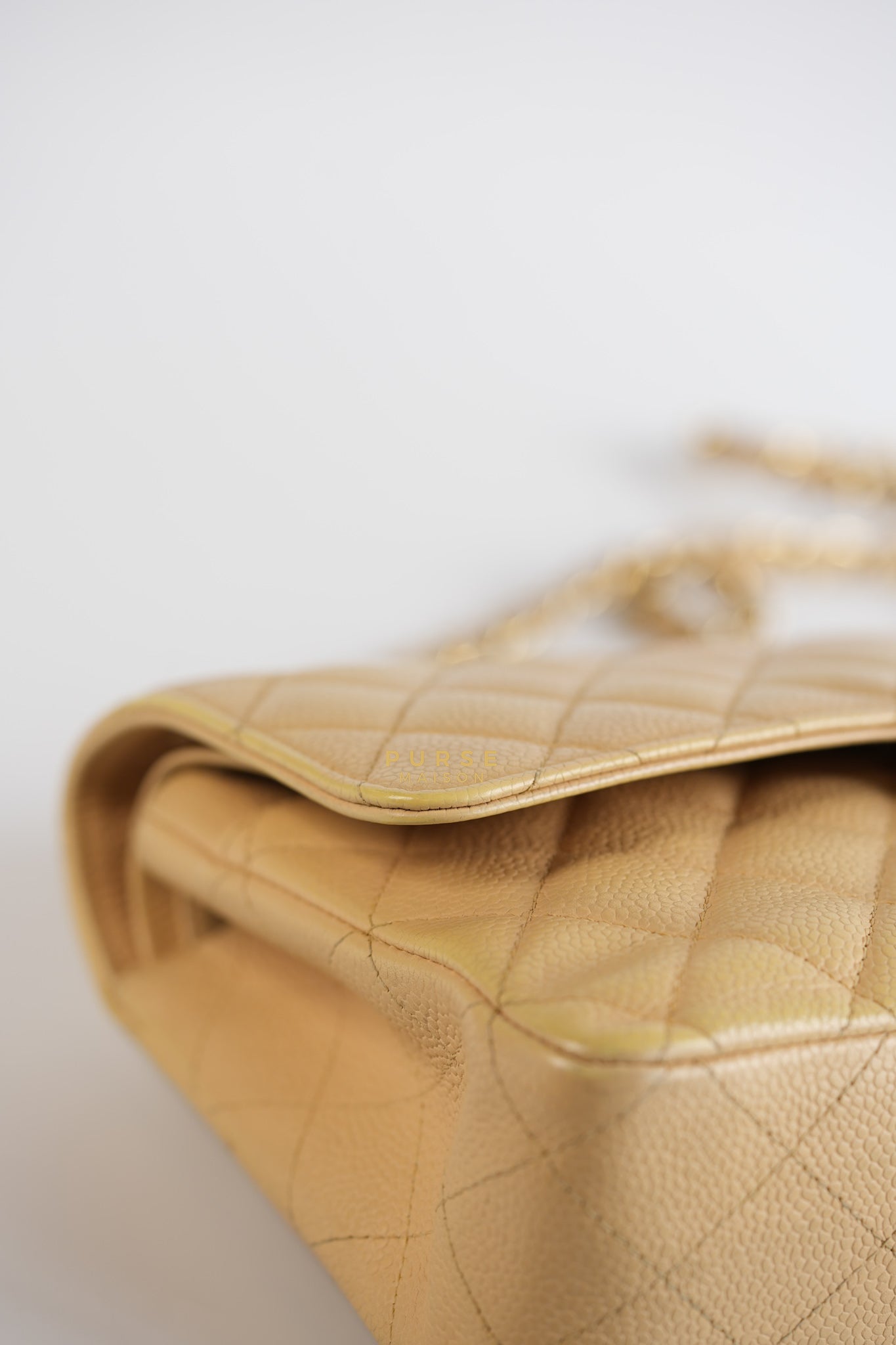 Classic Double Flap Medium Beige Clair Caviar & Gold Hardware Series 14 | Purse Maison Luxury Bags Shop