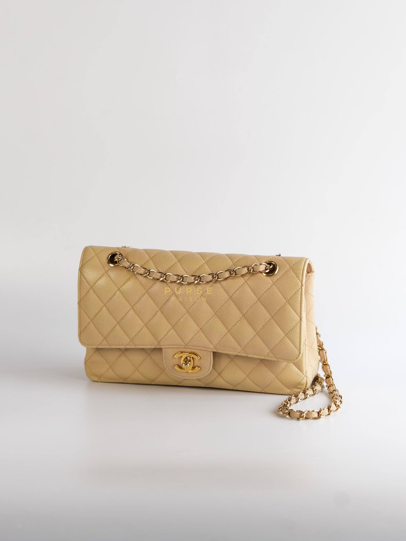 Classic Double Flap Medium Beige Clair Caviar & Gold Hardware Series 14 | Purse Maison Luxury Bags Shop