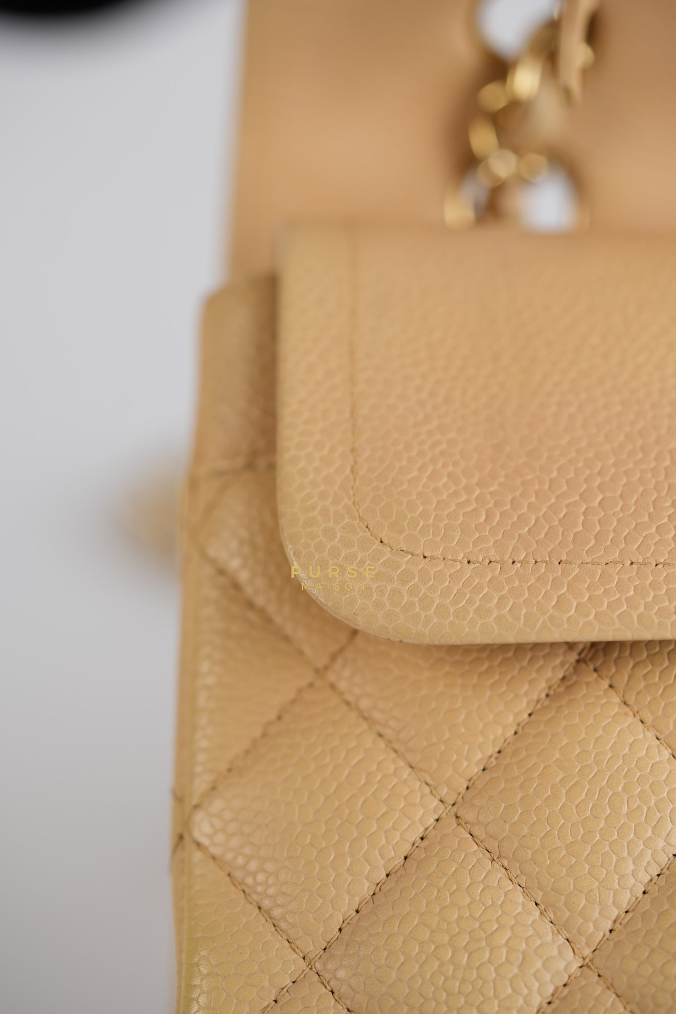 Classic Double Flap Medium Beige Clair Caviar & Gold Hardware Series 14 | Purse Maison Luxury Bags Shop