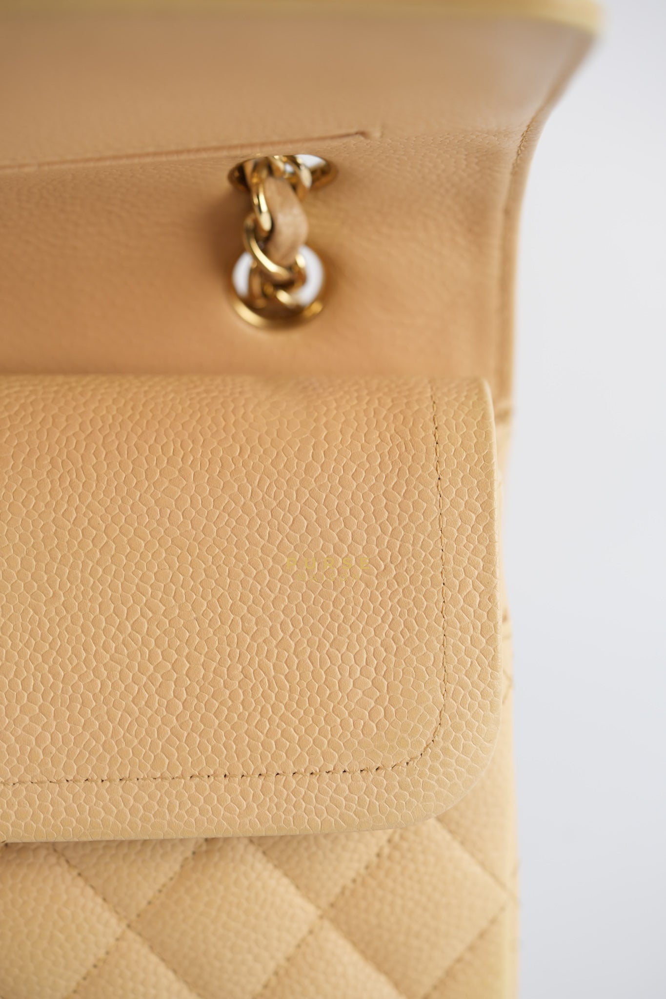 Classic Double Flap Medium Beige Clair Caviar & Gold Hardware Series 14 | Purse Maison Luxury Bags Shop