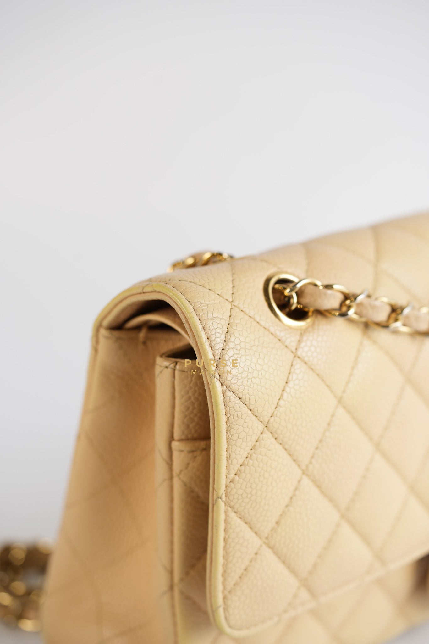 Classic Double Flap Medium Beige Clair Caviar & Gold Hardware Series 14 | Purse Maison Luxury Bags Shop