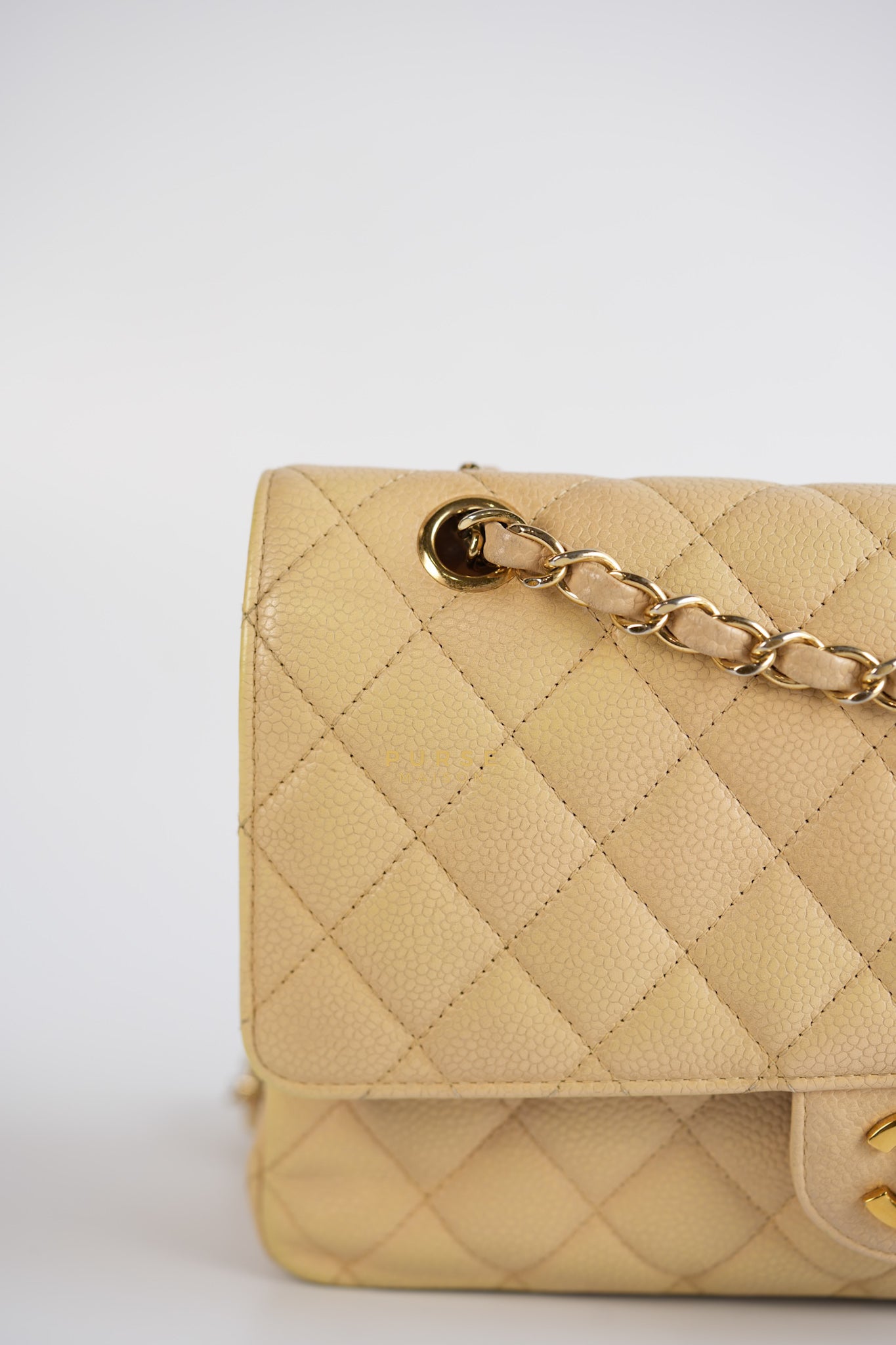 Classic Double Flap Medium Beige Clair Caviar & Gold Hardware Series 14 | Purse Maison Luxury Bags Shop