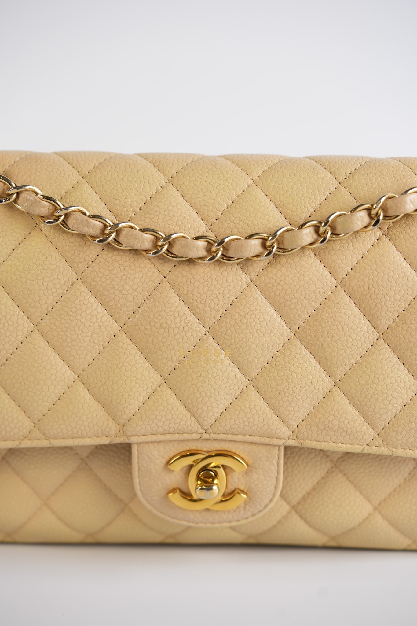 Classic Double Flap Medium Beige Clair Caviar & Gold Hardware Series 14 | Purse Maison Luxury Bags Shop