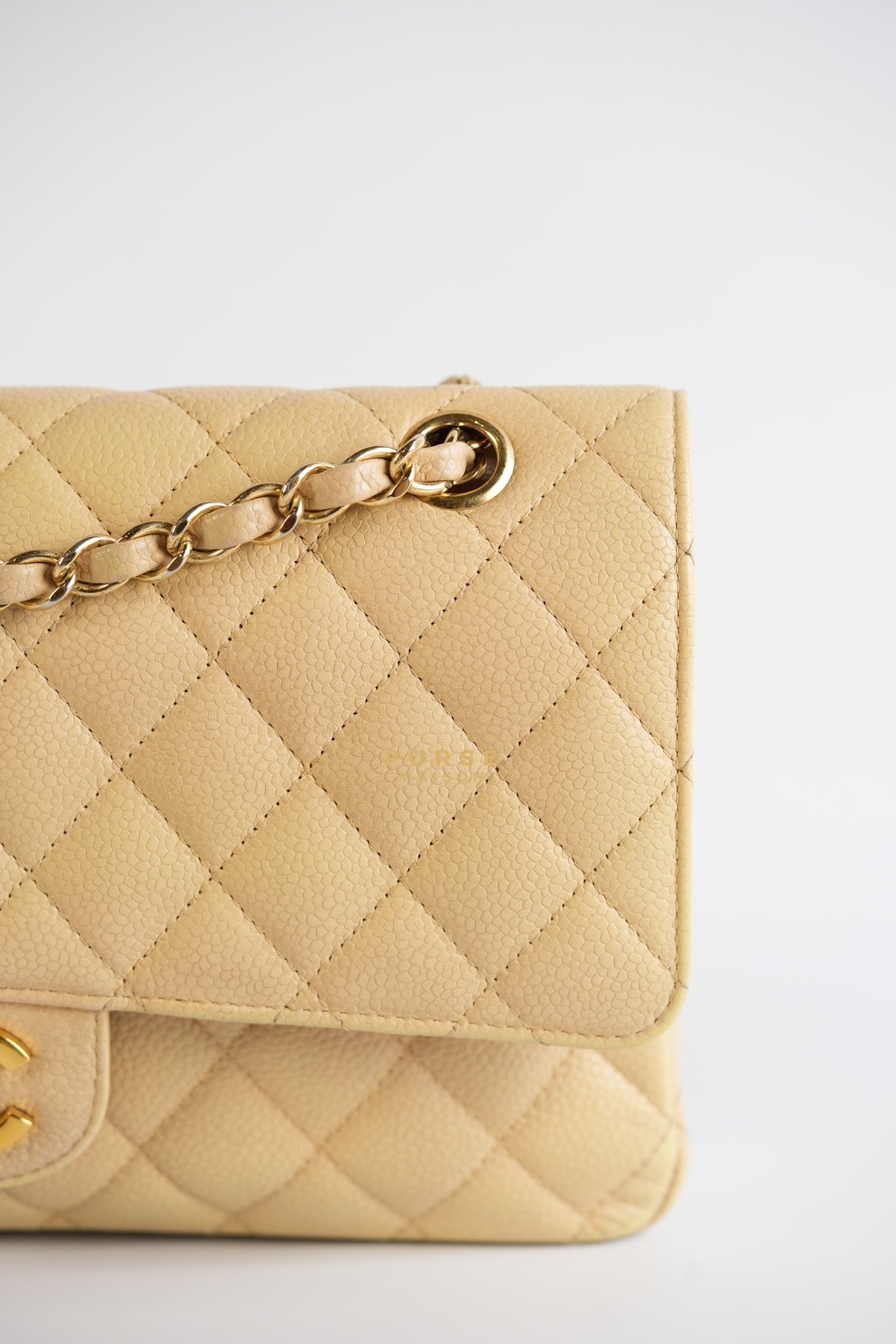 Classic Double Flap Medium Beige Clair Caviar & Gold Hardware Series 14 | Purse Maison Luxury Bags Shop