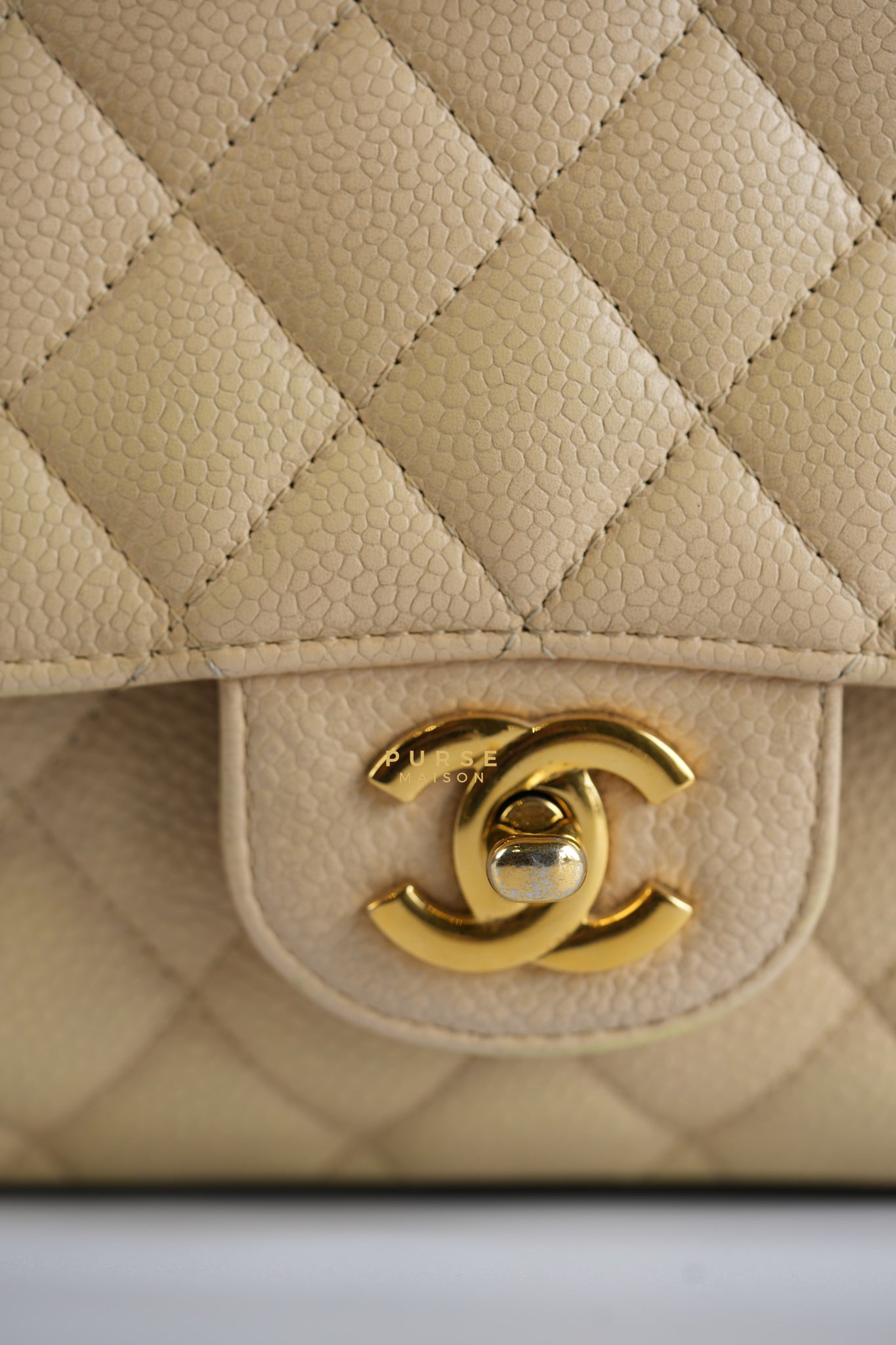 Classic Double Flap Medium Beige Clair Caviar & Gold Hardware Series 14 | Purse Maison Luxury Bags Shop