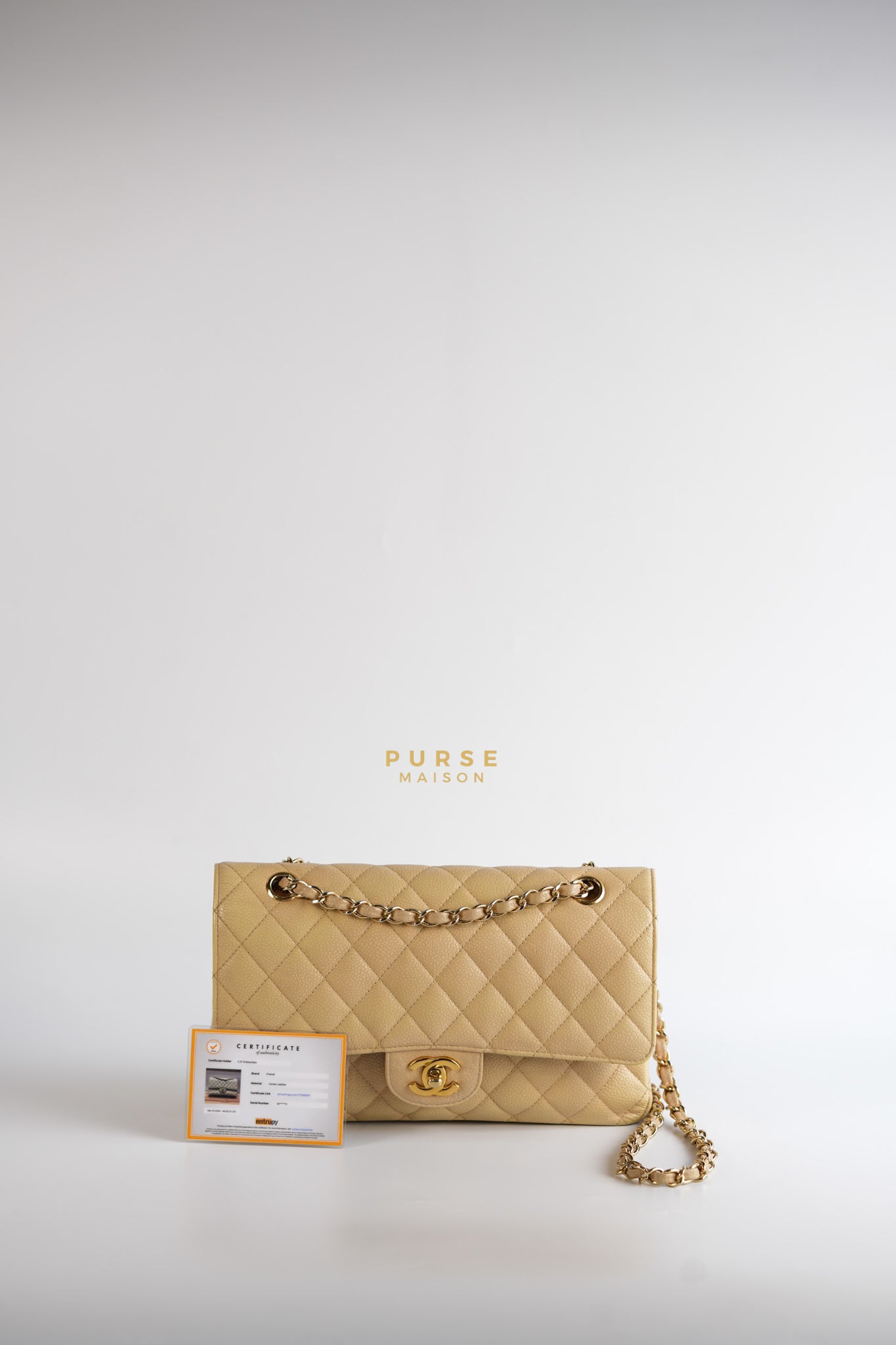 Classic Double Flap Medium Beige Clair Caviar & Gold Hardware Series 14 | Purse Maison Luxury Bags Shop