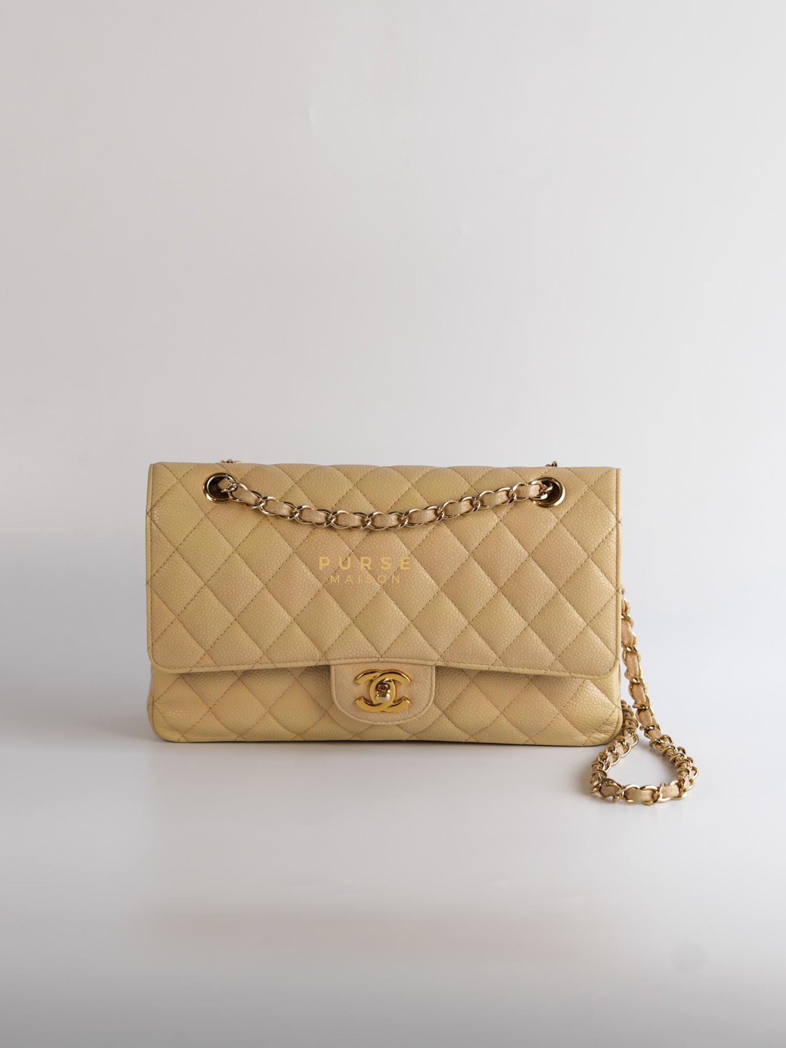 Classic Double Flap Medium Beige Clair Caviar & Gold Hardware Series 14 | Purse Maison Luxury Bags Shop