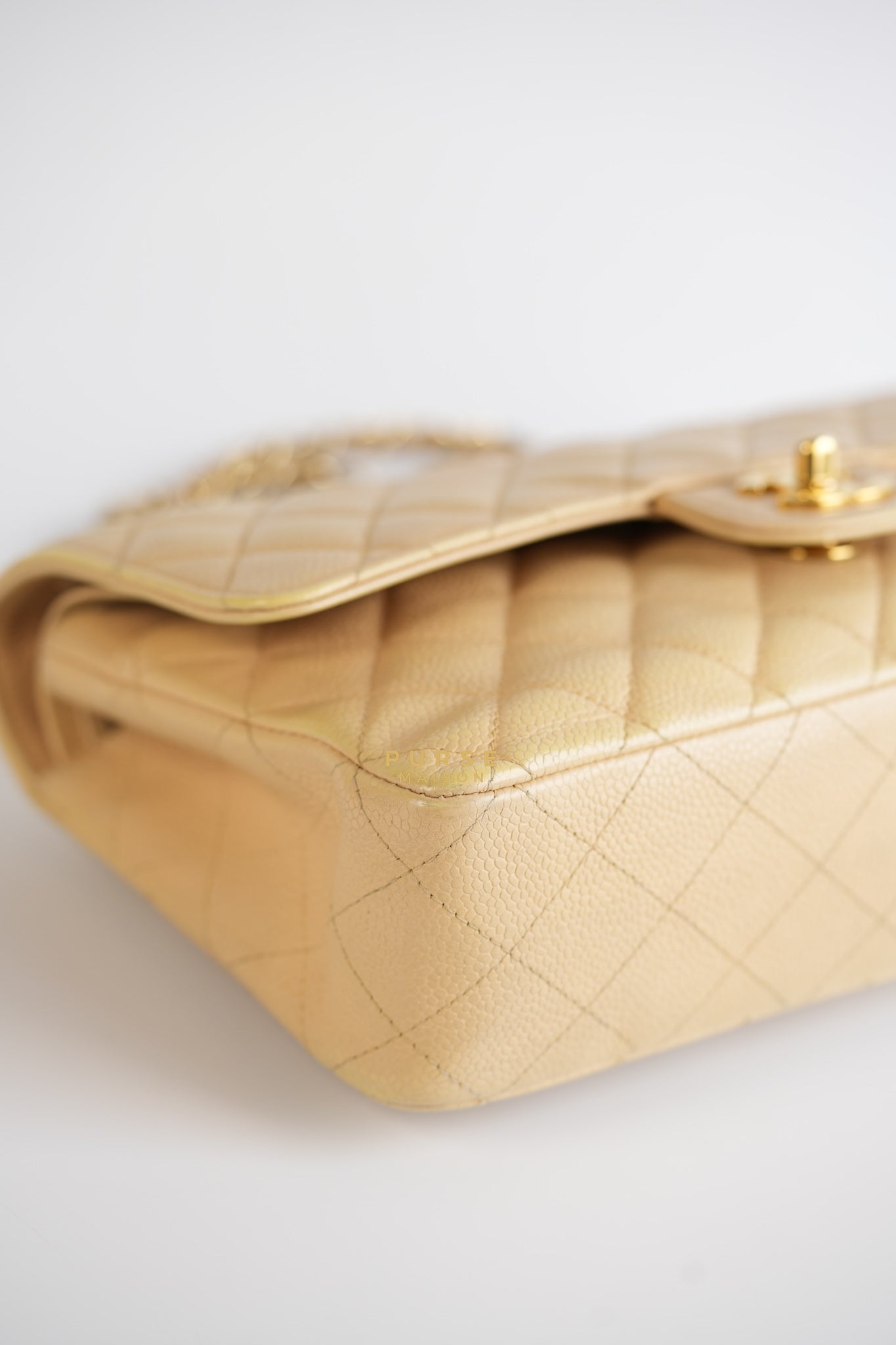 Classic Double Flap Medium Beige Clair Caviar & Gold Hardware Series 14 | Purse Maison Luxury Bags Shop