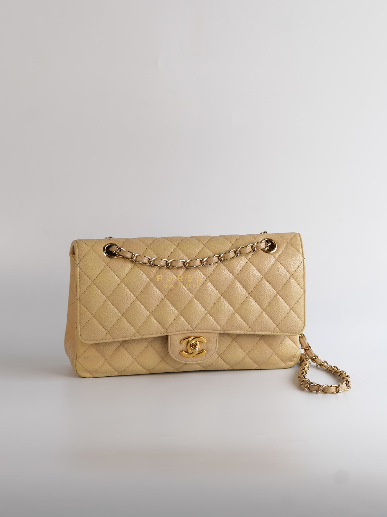 Classic Double Flap Medium Beige Clair Caviar & Gold Hardware Series 14 | Purse Maison Luxury Bags Shop