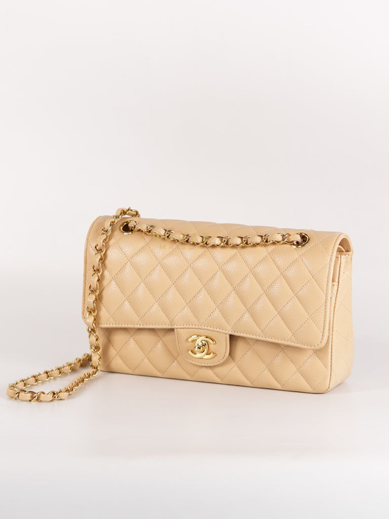 Classic Double Flap Medium Beige Clair in Caviar Leather and Gold Hardware (Microchip) | Purse Maison Luxury Bags Shop
