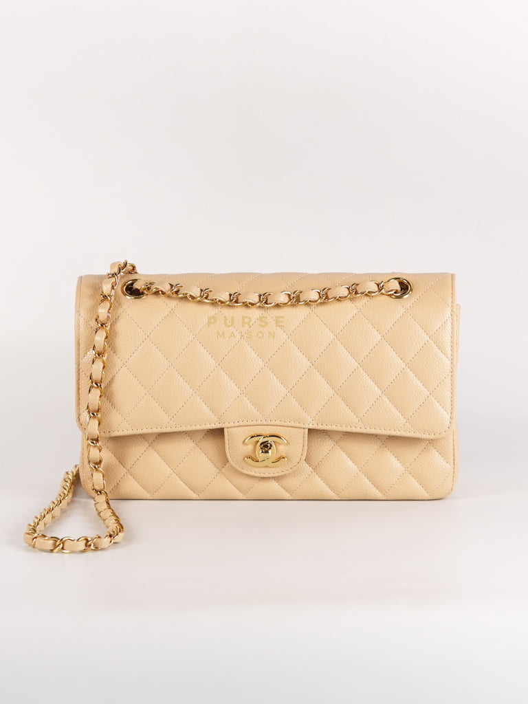 Classic Double Flap Medium Beige Clair in Caviar Leather and Gold Hardware (Microchip) | Purse Maison Luxury Bags Shop