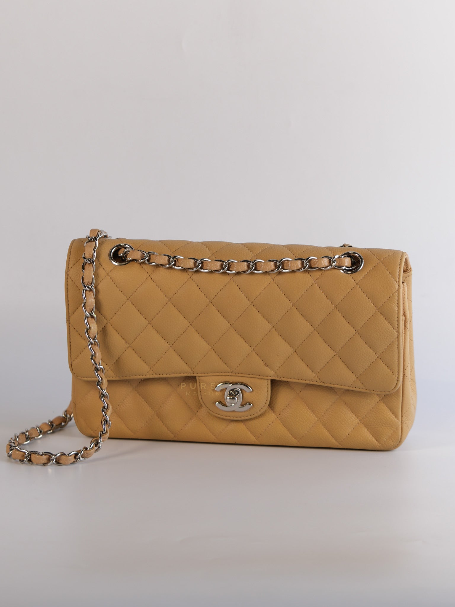 Classic Double Flap Medium Beige Clair Quilted Caviar Leather and Silver Hardware Series 19 (Repainted) | Purse Maison Luxury Bags Shop