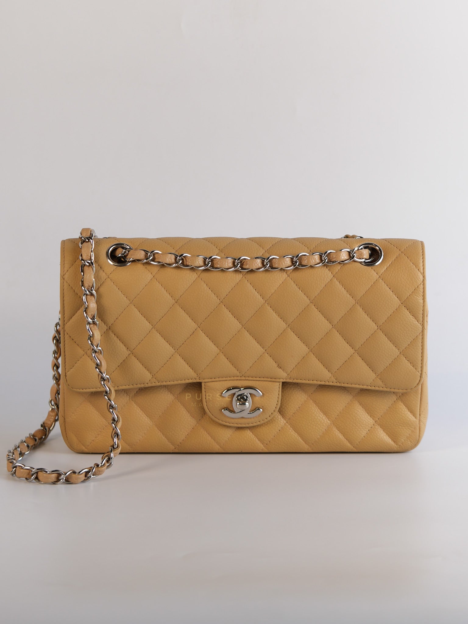 Classic Double Flap Medium Beige Clair Quilted Caviar Leather and Silver Hardware Series 19 (Repainted) | Purse Maison Luxury Bags Shop