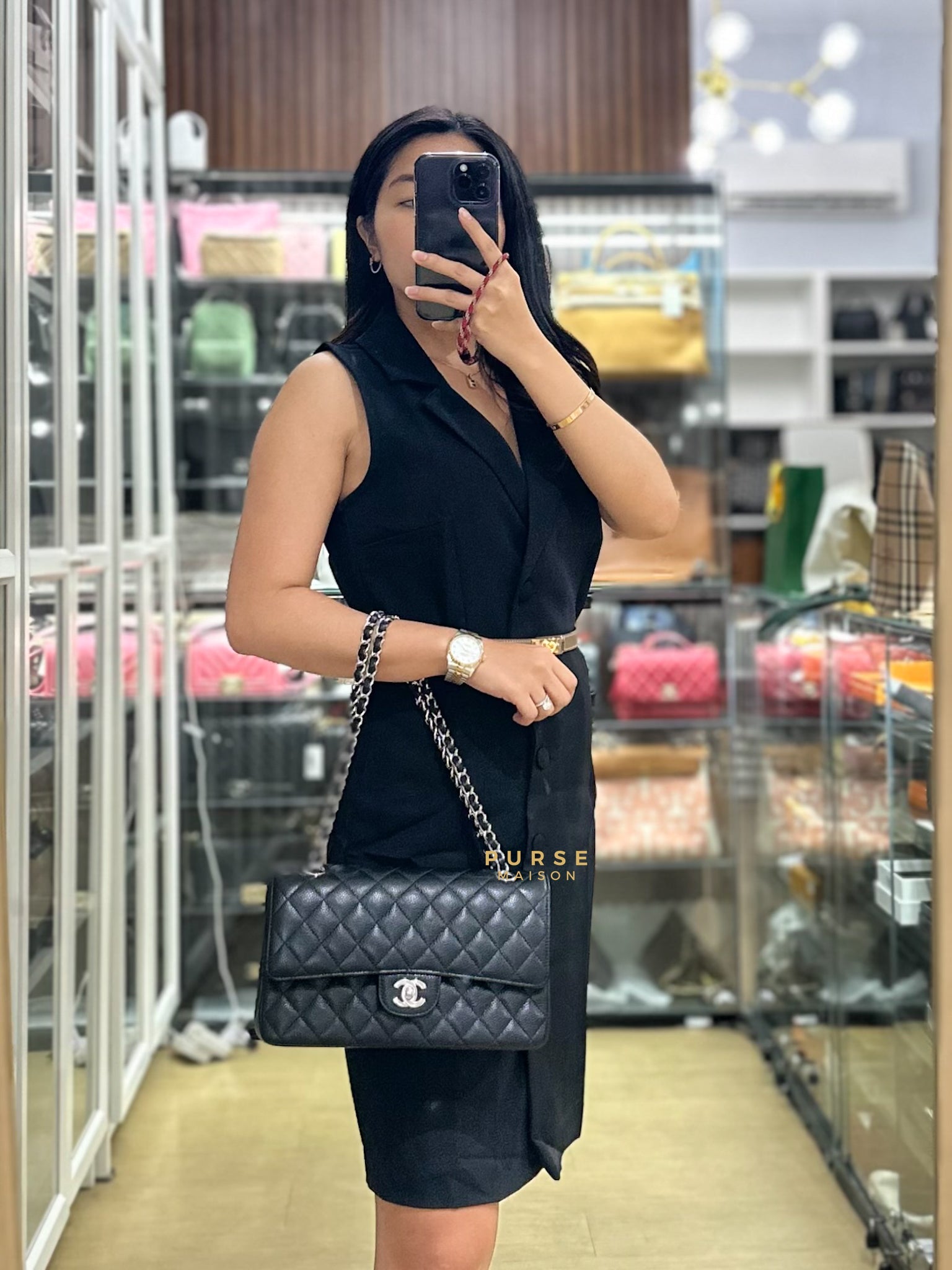 Classic Double Flap Medium Black Caviar Leather & Silver Hardware Series 28 | Purse Maison Luxury Bags Shop