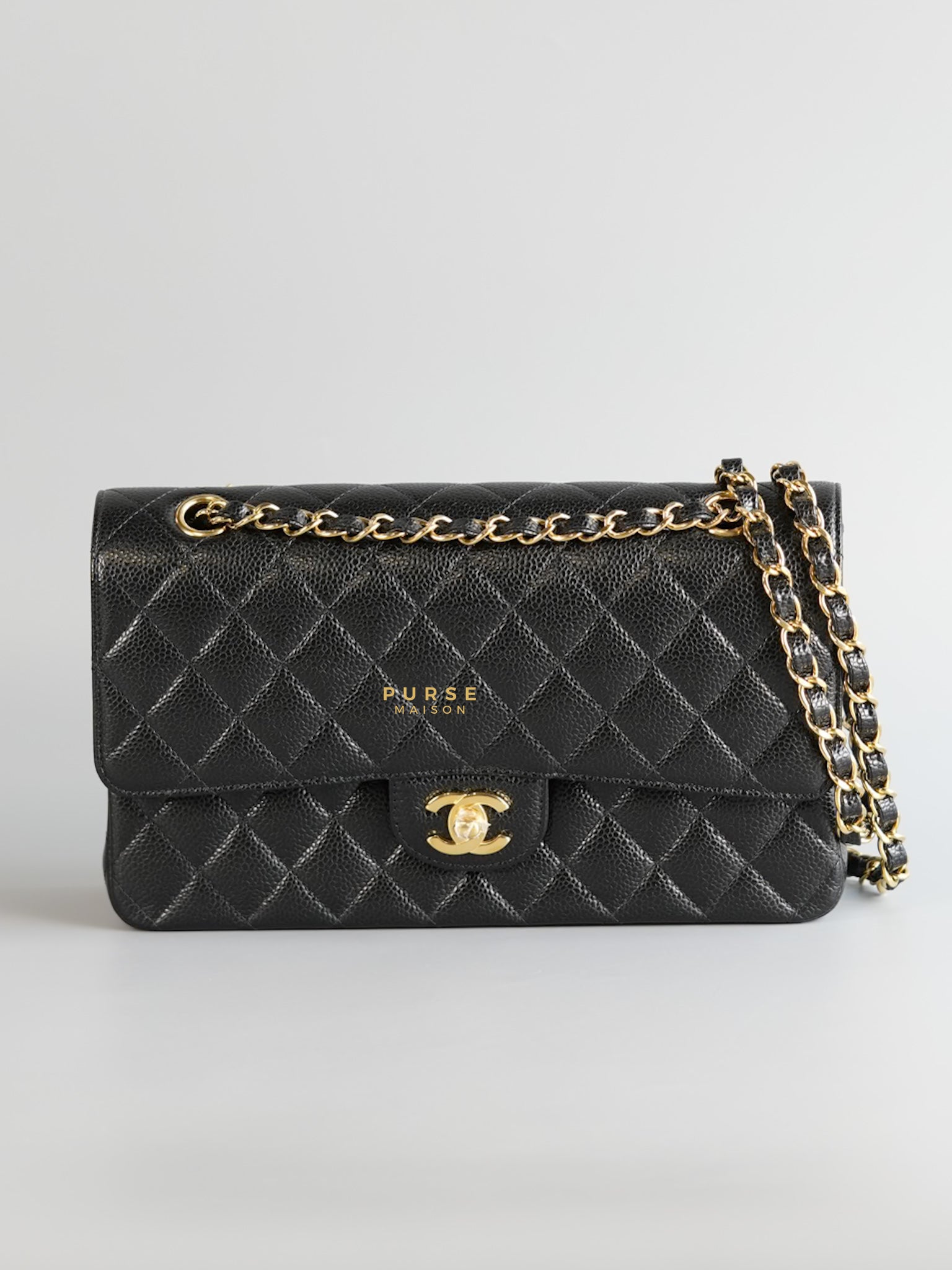 Classic Double Flap Medium Black Quilted Caviar and Gold Hardware (Microchip) | Purse Maison Luxury Bags Shop