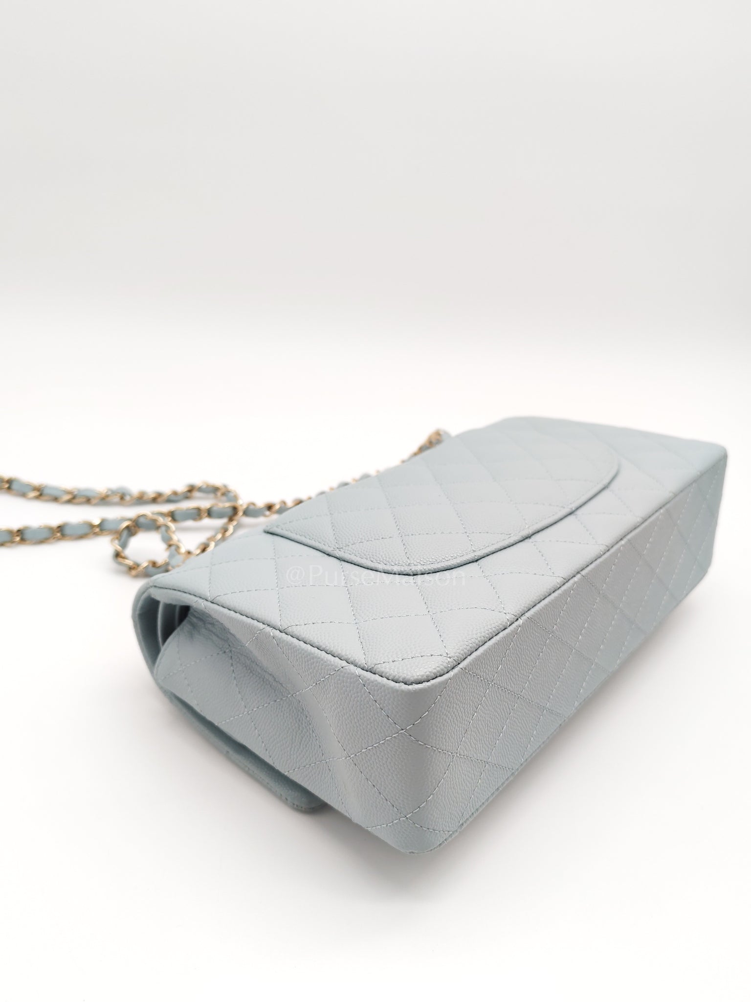 Classic Double Flap Medium Blue Gray in Caviar Leather and Light Gold Hardware (Microchip) | Purse Maison Luxury Bags Shop