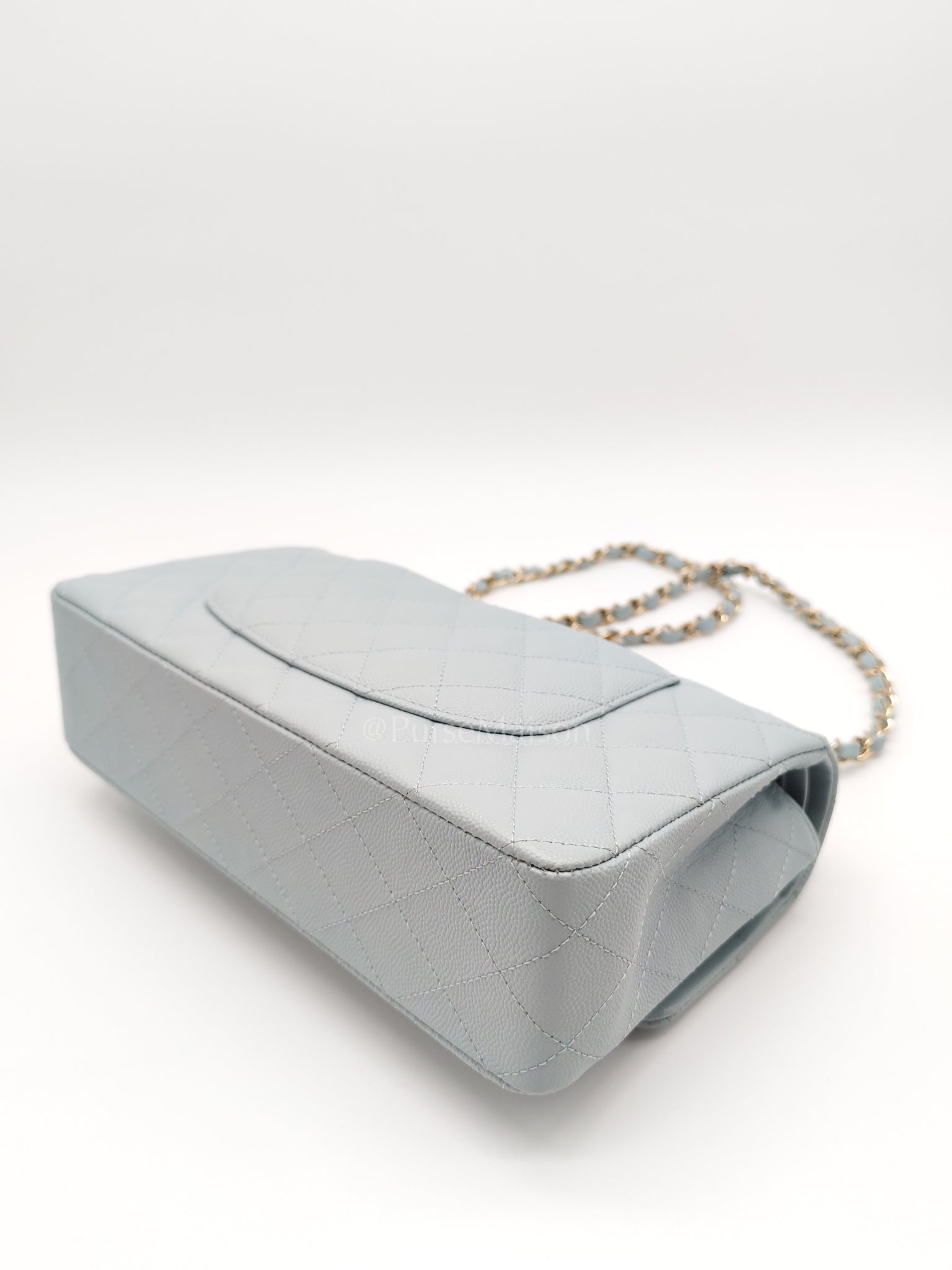 Classic Double Flap Medium Blue Gray in Caviar Leather and Light Gold Hardware (Microchip) | Purse Maison Luxury Bags Shop