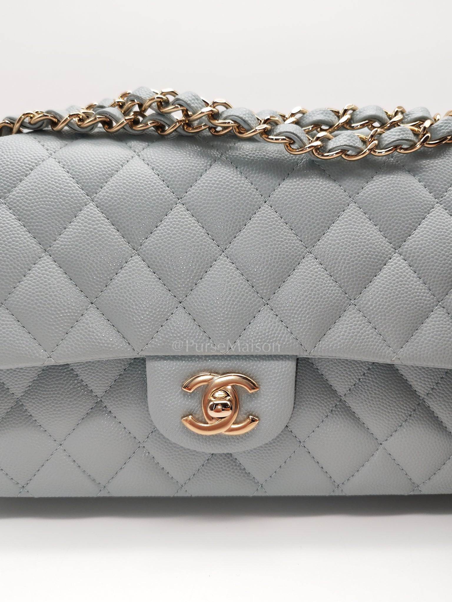 Classic Double Flap Medium Blue Gray in Caviar Leather and Light Gold Hardware (Microchip) | Purse Maison Luxury Bags Shop