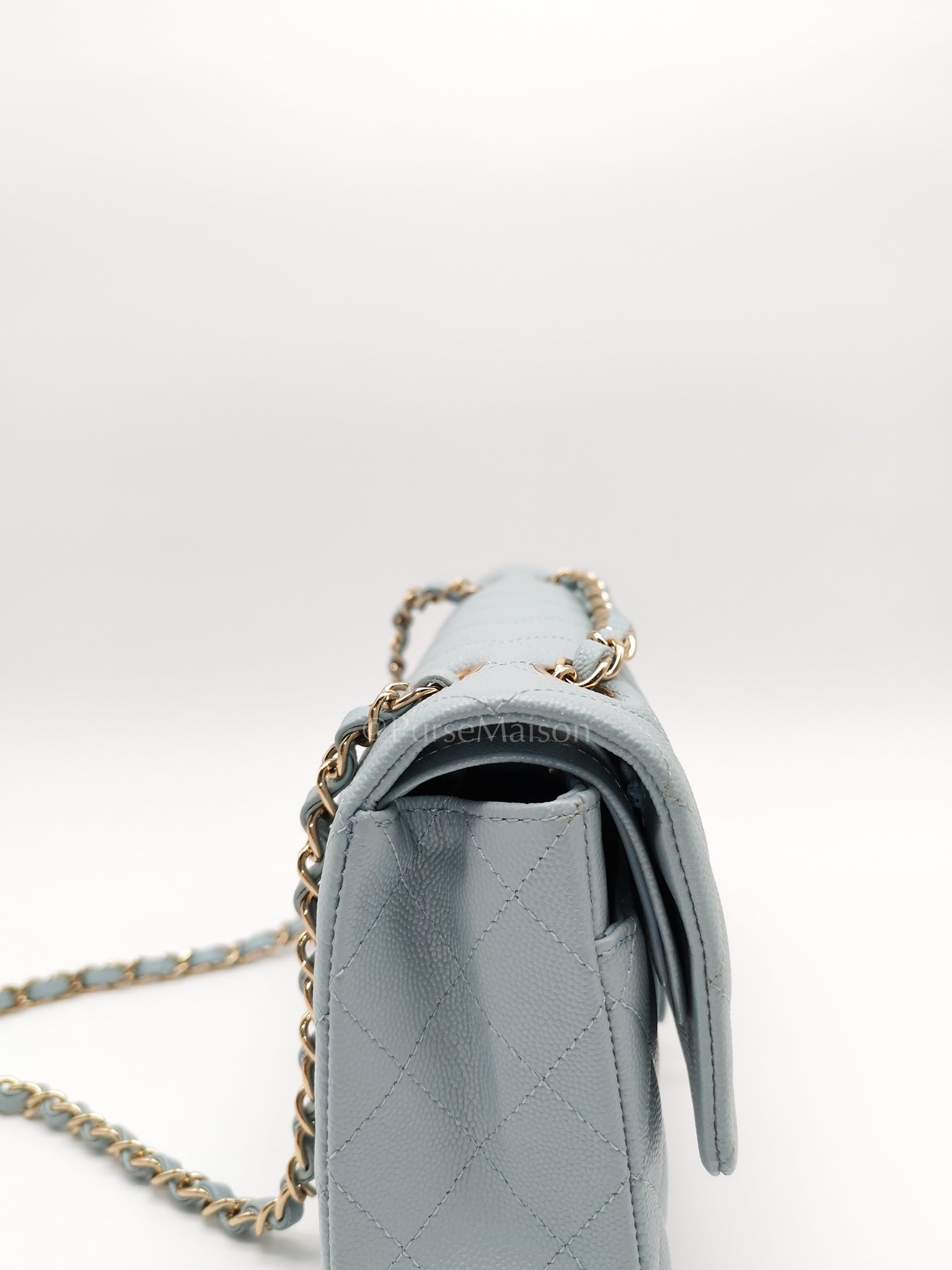 Classic Double Flap Medium Blue Gray in Caviar Leather and Light Gold Hardware (Microchip) | Purse Maison Luxury Bags Shop