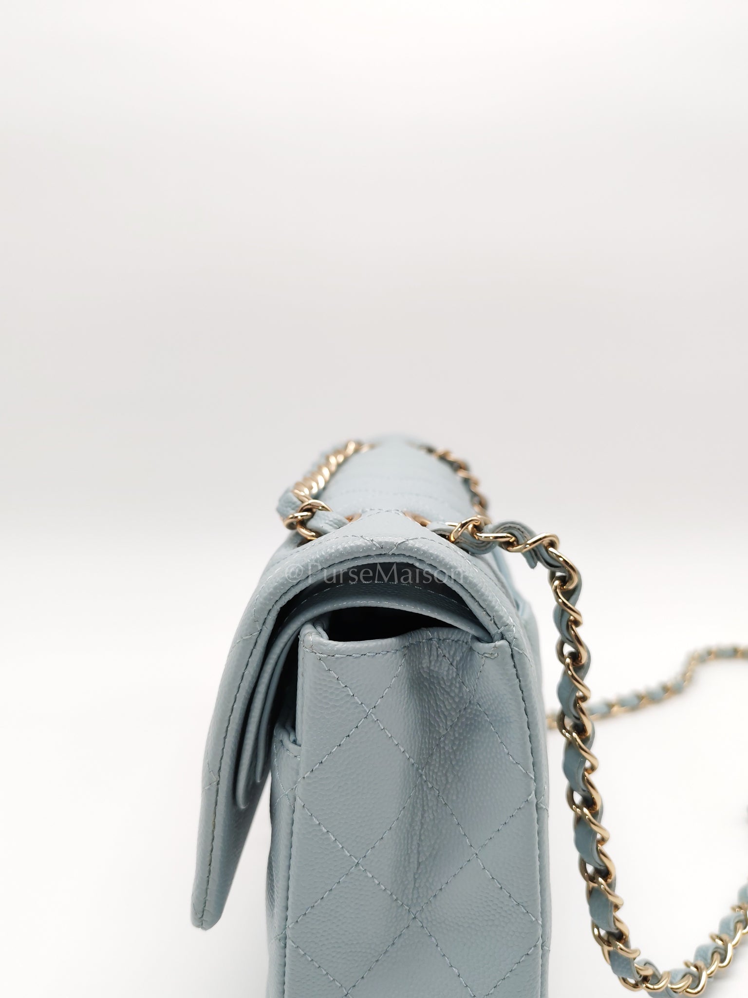 Classic Double Flap Medium Blue Gray in Caviar Leather and Light Gold Hardware (Microchip) | Purse Maison Luxury Bags Shop