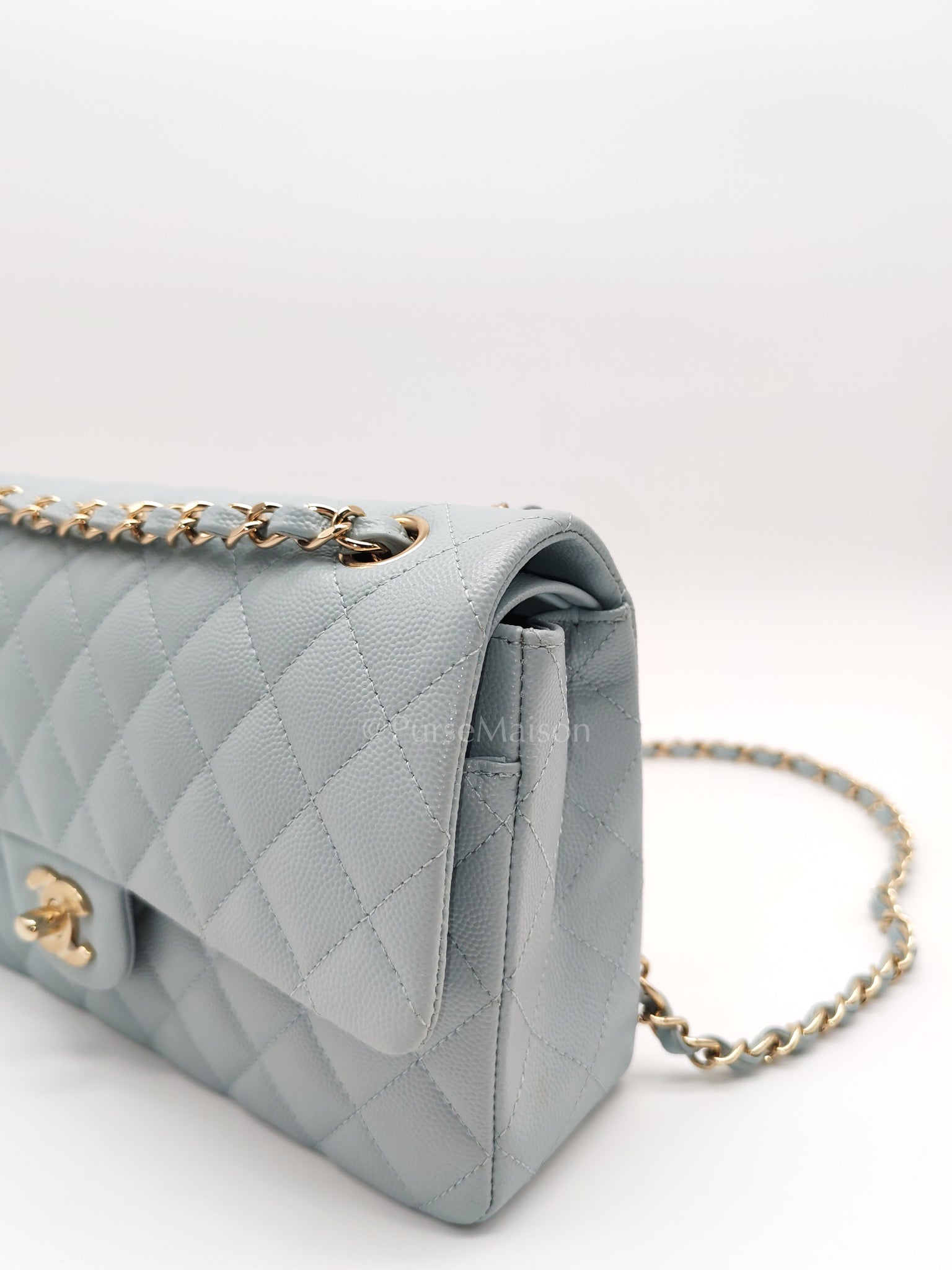 Classic Double Flap Medium Blue Gray in Caviar Leather and Light Gold Hardware (Microchip) | Purse Maison Luxury Bags Shop