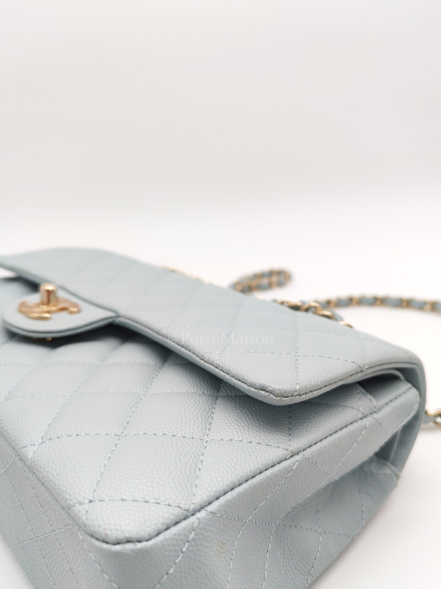 Classic Double Flap Medium Blue Gray in Caviar Leather and Light Gold Hardware (Microchip) | Purse Maison Luxury Bags Shop
