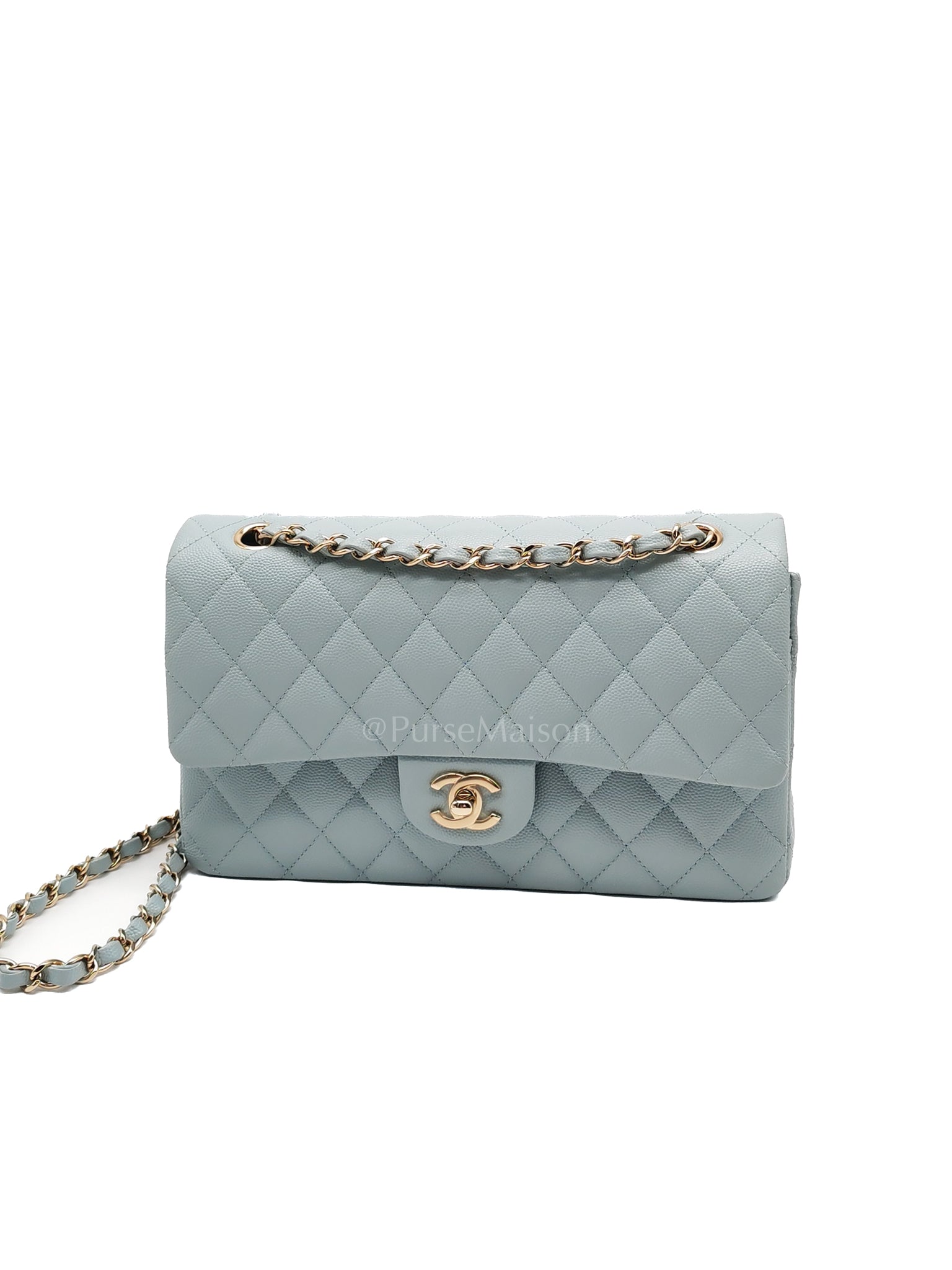 Classic Double Flap Medium Blue Gray in Caviar Leather and Light Gold Hardware (Microchip) | Purse Maison Luxury Bags Shop