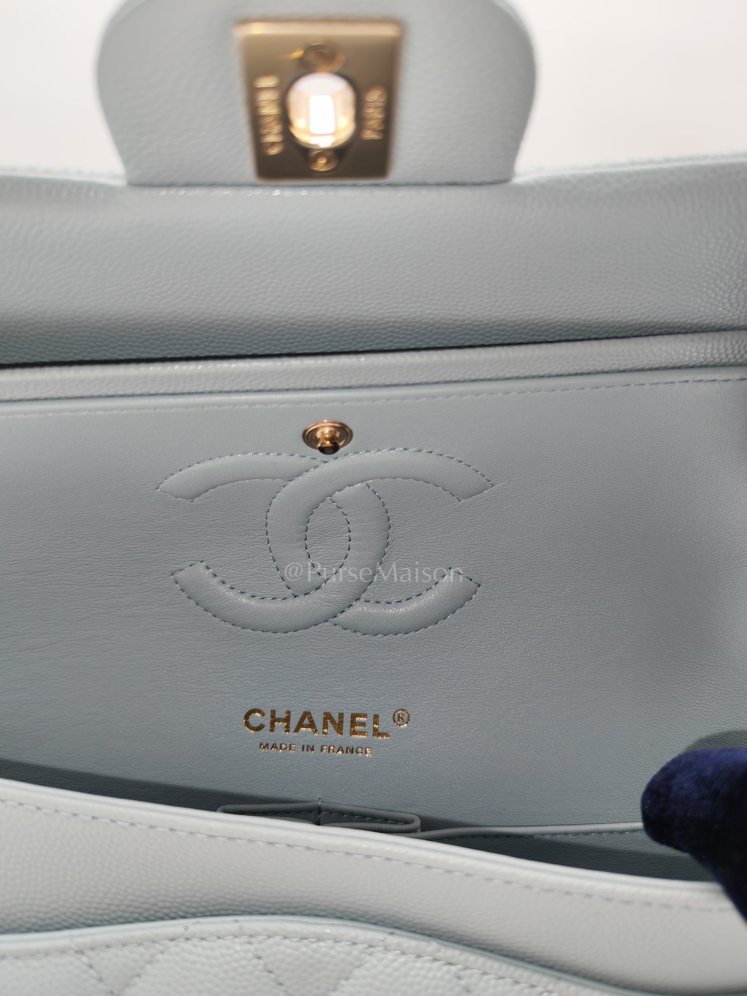 Classic Double Flap Medium Blue Gray in Caviar Leather and Light Gold Hardware (Microchip) | Purse Maison Luxury Bags Shop