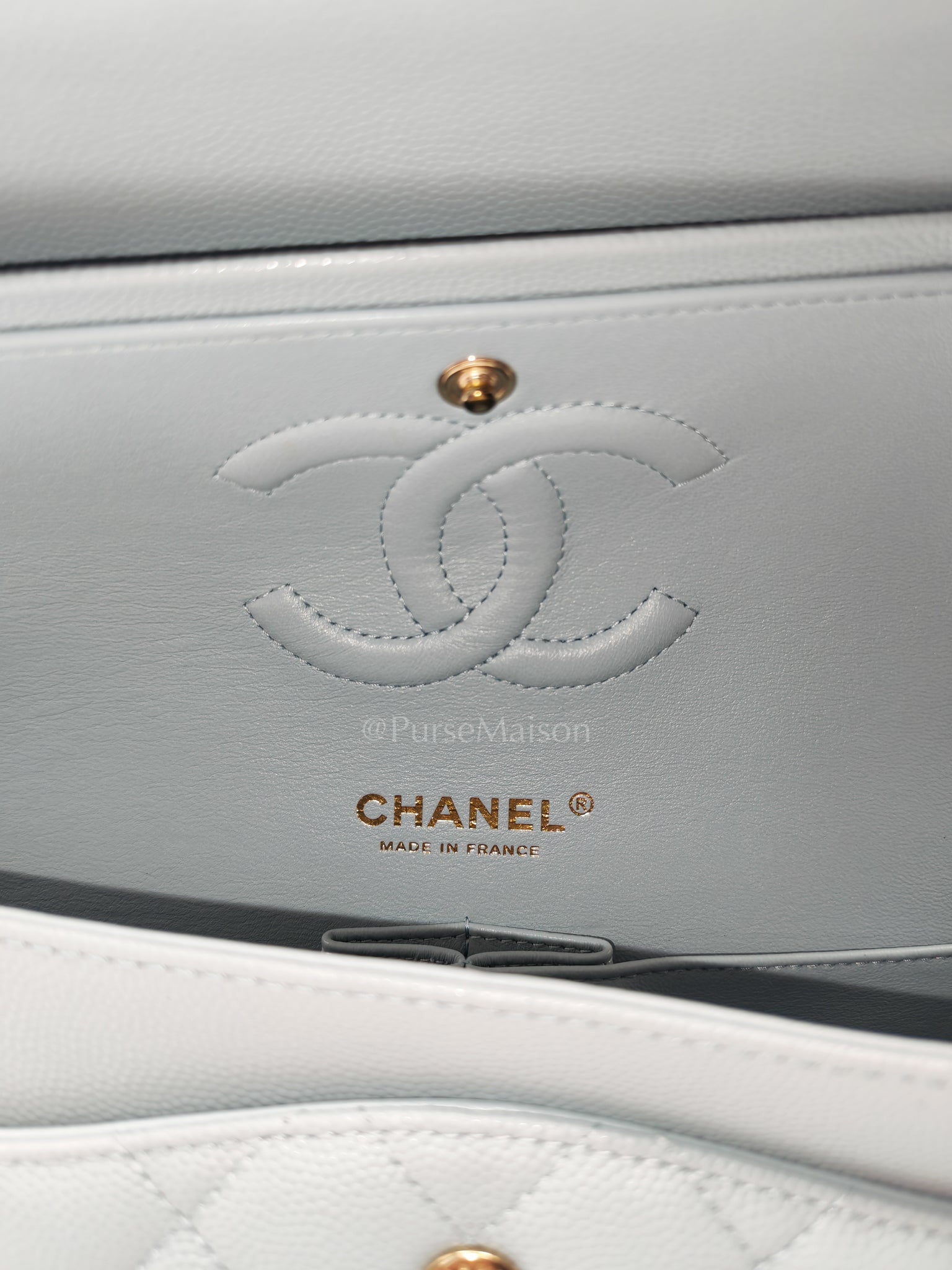 Classic Double Flap Medium Blue Gray in Caviar Leather and Light Gold Hardware (Microchip) | Purse Maison Luxury Bags Shop