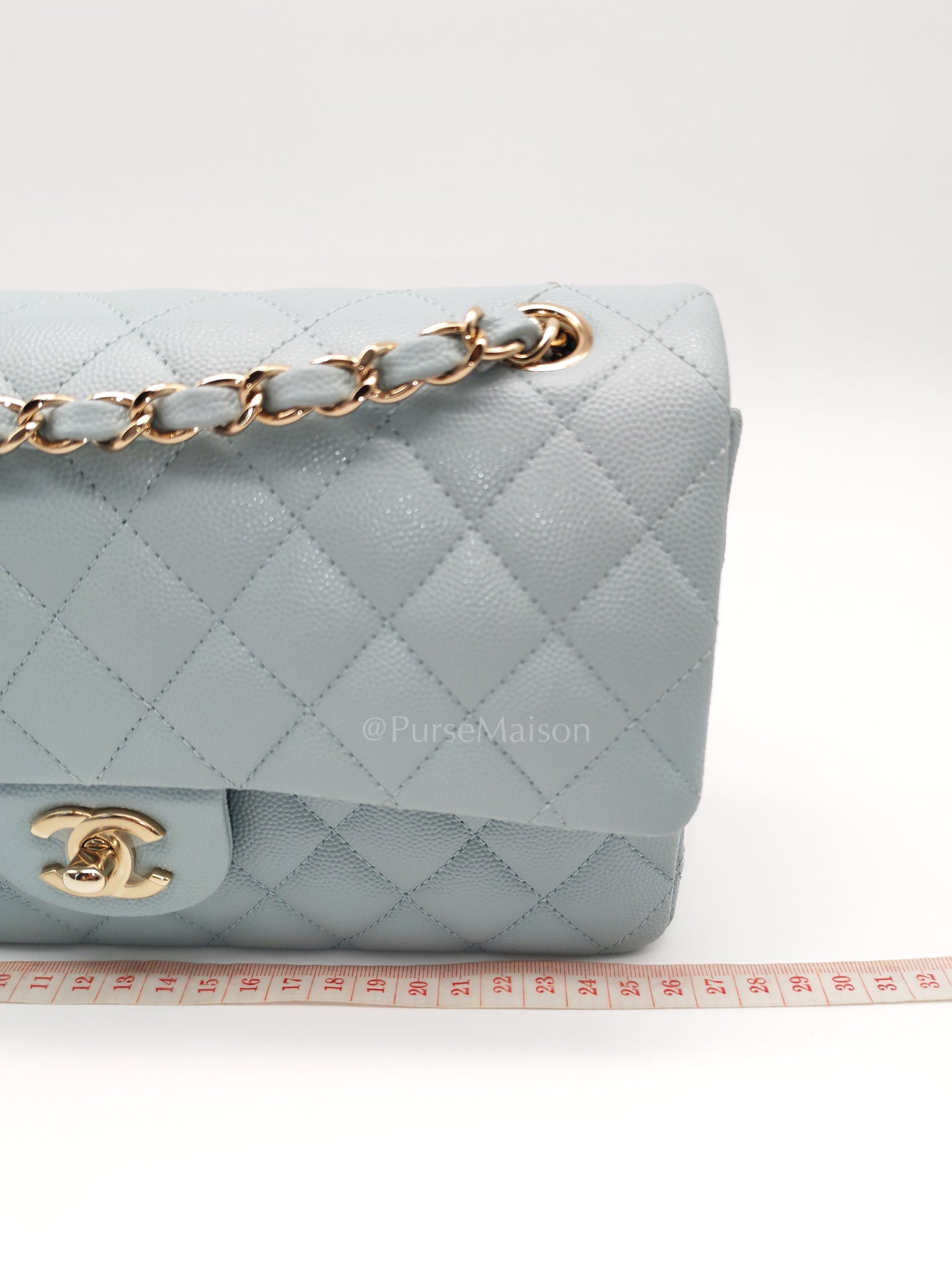 Classic Double Flap Medium Blue Gray in Caviar Leather and Light Gold Hardware (Microchip) | Purse Maison Luxury Bags Shop
