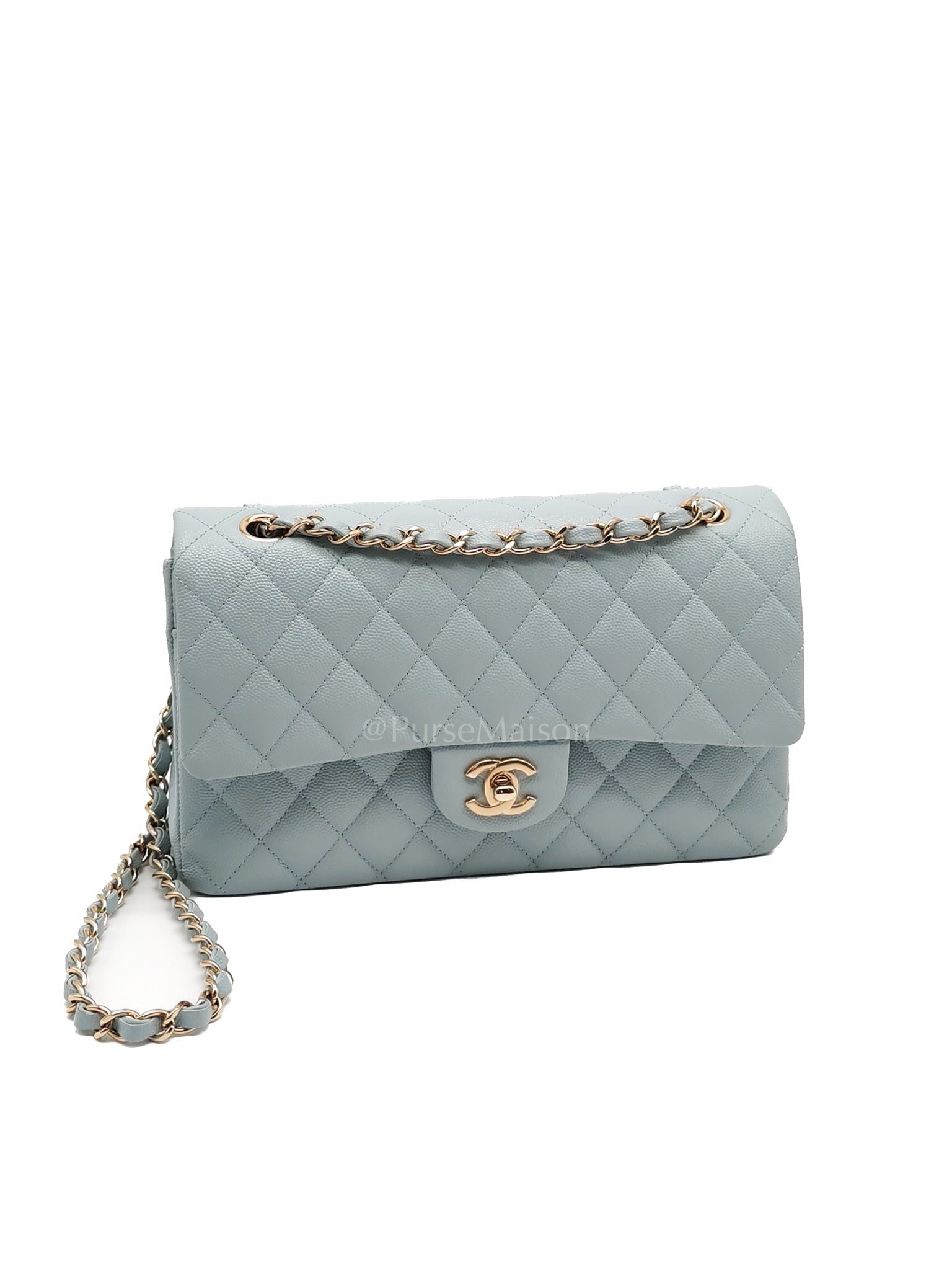 Classic Double Flap Medium Blue Gray in Caviar Leather and Light Gold Hardware (Microchip) | Purse Maison Luxury Bags Shop