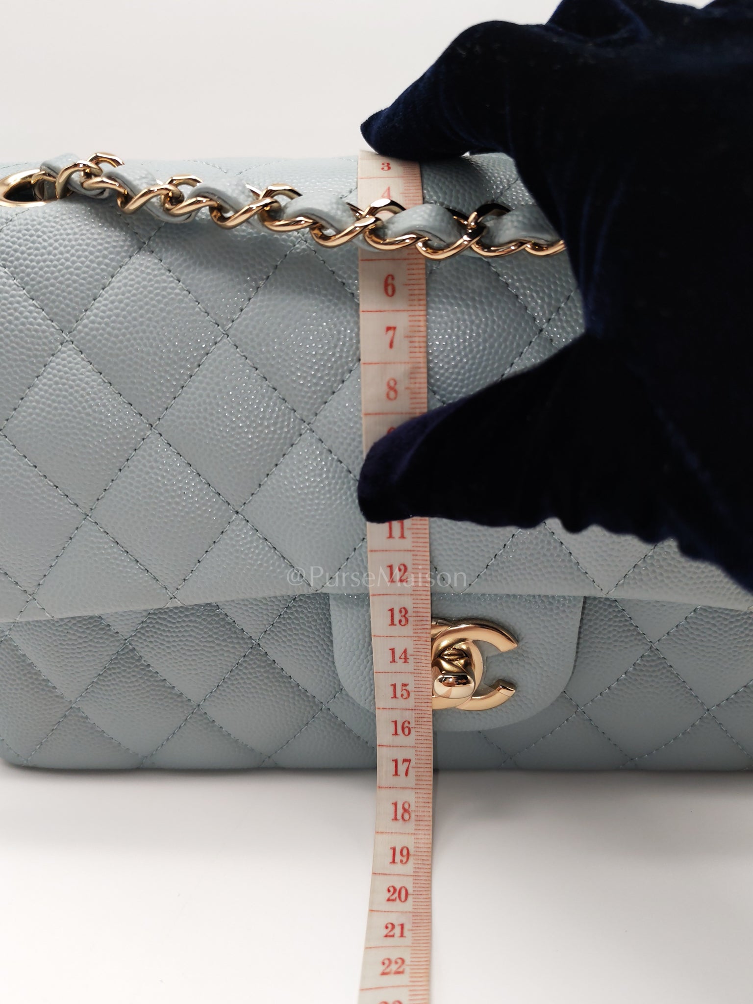 Classic Double Flap Medium Blue Gray in Caviar Leather and Light Gold Hardware (Microchip) | Purse Maison Luxury Bags Shop