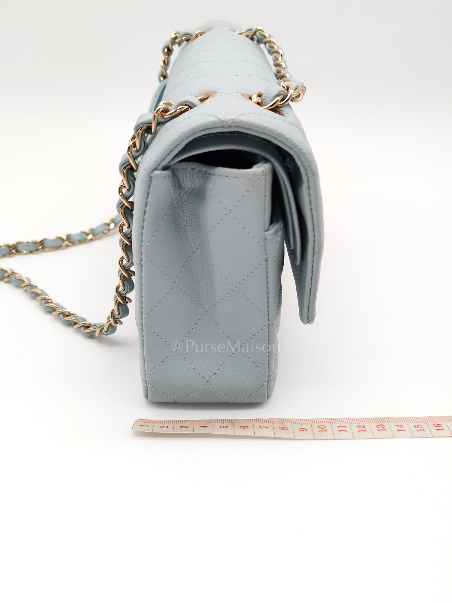 Classic Double Flap Medium Blue Gray in Caviar Leather and Light Gold Hardware (Microchip) | Purse Maison Luxury Bags Shop