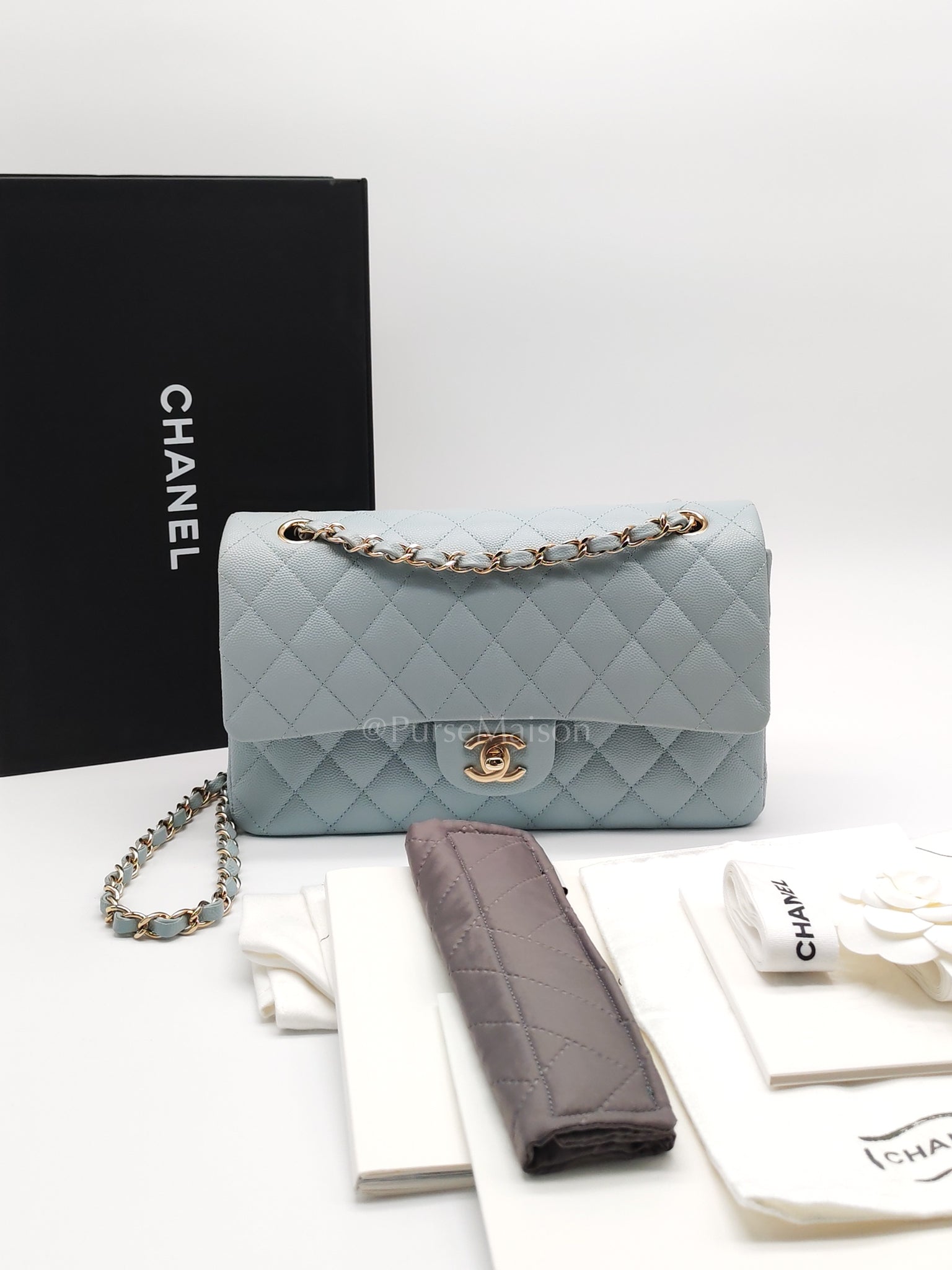 Classic Double Flap Medium Blue Gray in Caviar Leather and Light Gold Hardware (Microchip) | Purse Maison Luxury Bags Shop