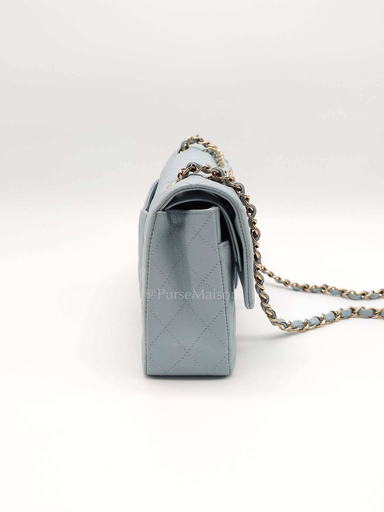 Classic Double Flap Medium Blue Gray in Caviar Leather and Light Gold Hardware (Microchip) | Purse Maison Luxury Bags Shop