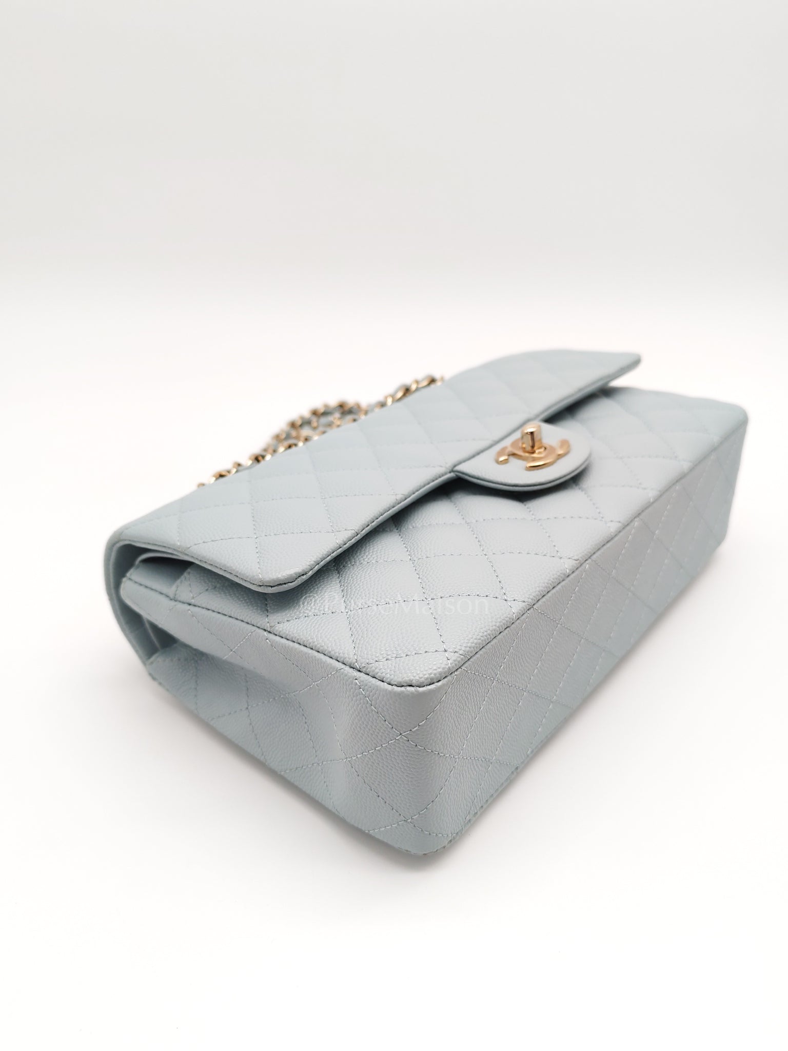 Classic Double Flap Medium Blue Gray in Caviar Leather and Light Gold Hardware (Microchip) | Purse Maison Luxury Bags Shop