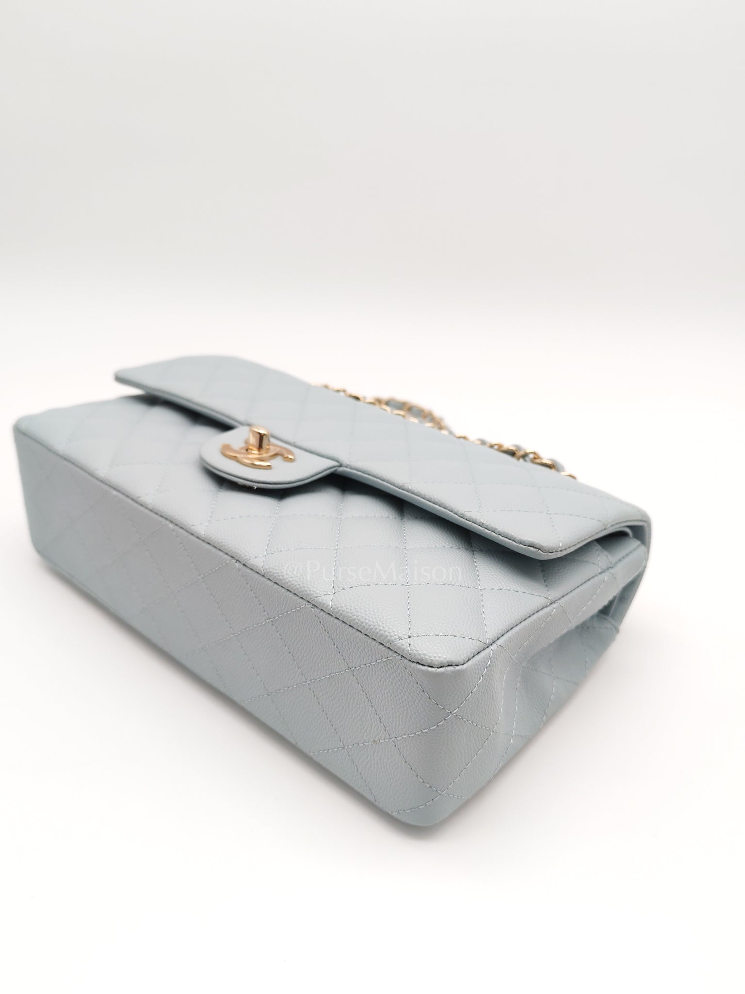 Classic Double Flap Medium Blue Gray in Caviar Leather and Light Gold Hardware (Microchip) | Purse Maison Luxury Bags Shop