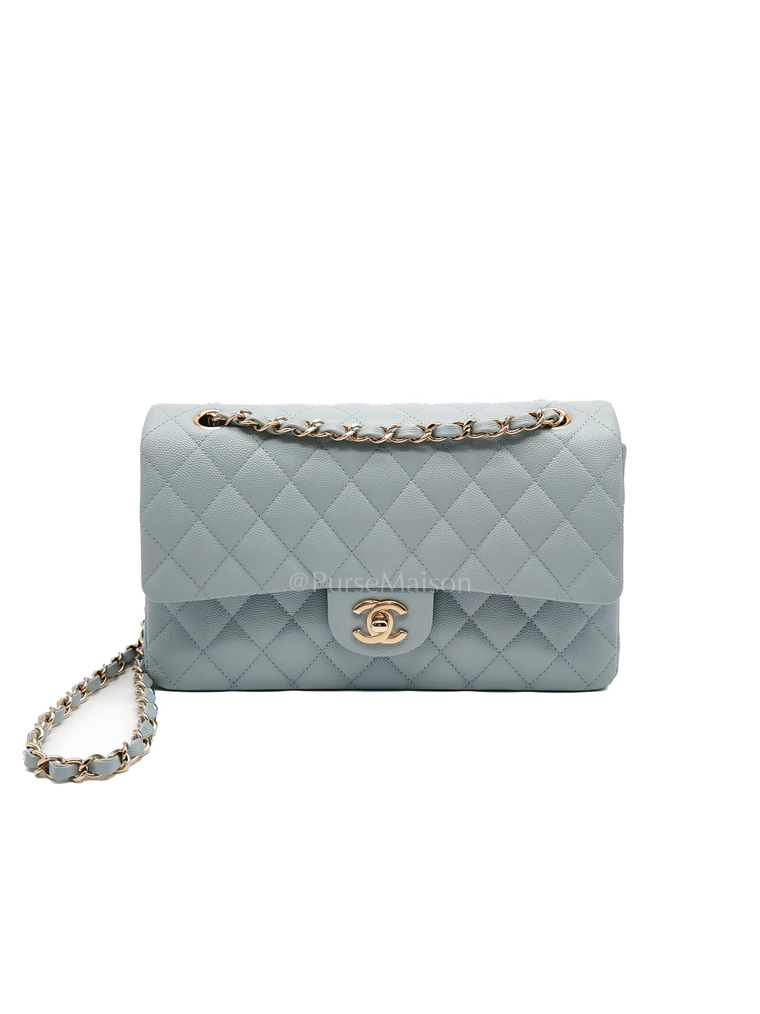 Classic Double Flap Medium Blue Gray in Caviar Leather and Light Gold Hardware (Microchip) | Purse Maison Luxury Bags Shop