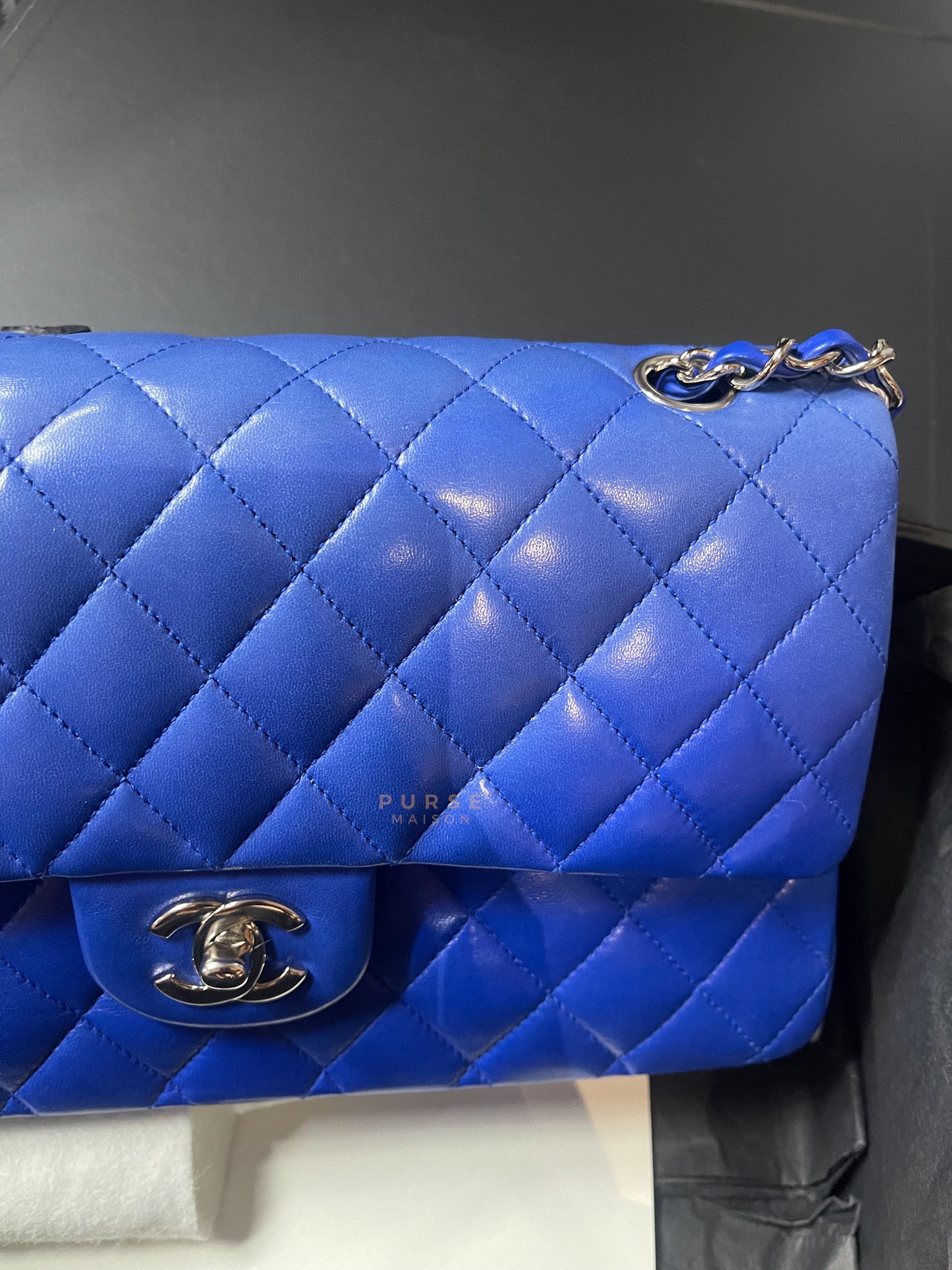 Classic Double Flap Medium Blue Lambskin Leather in Silver Hardware Series 13 | Purse Maison Luxury Bags Shop