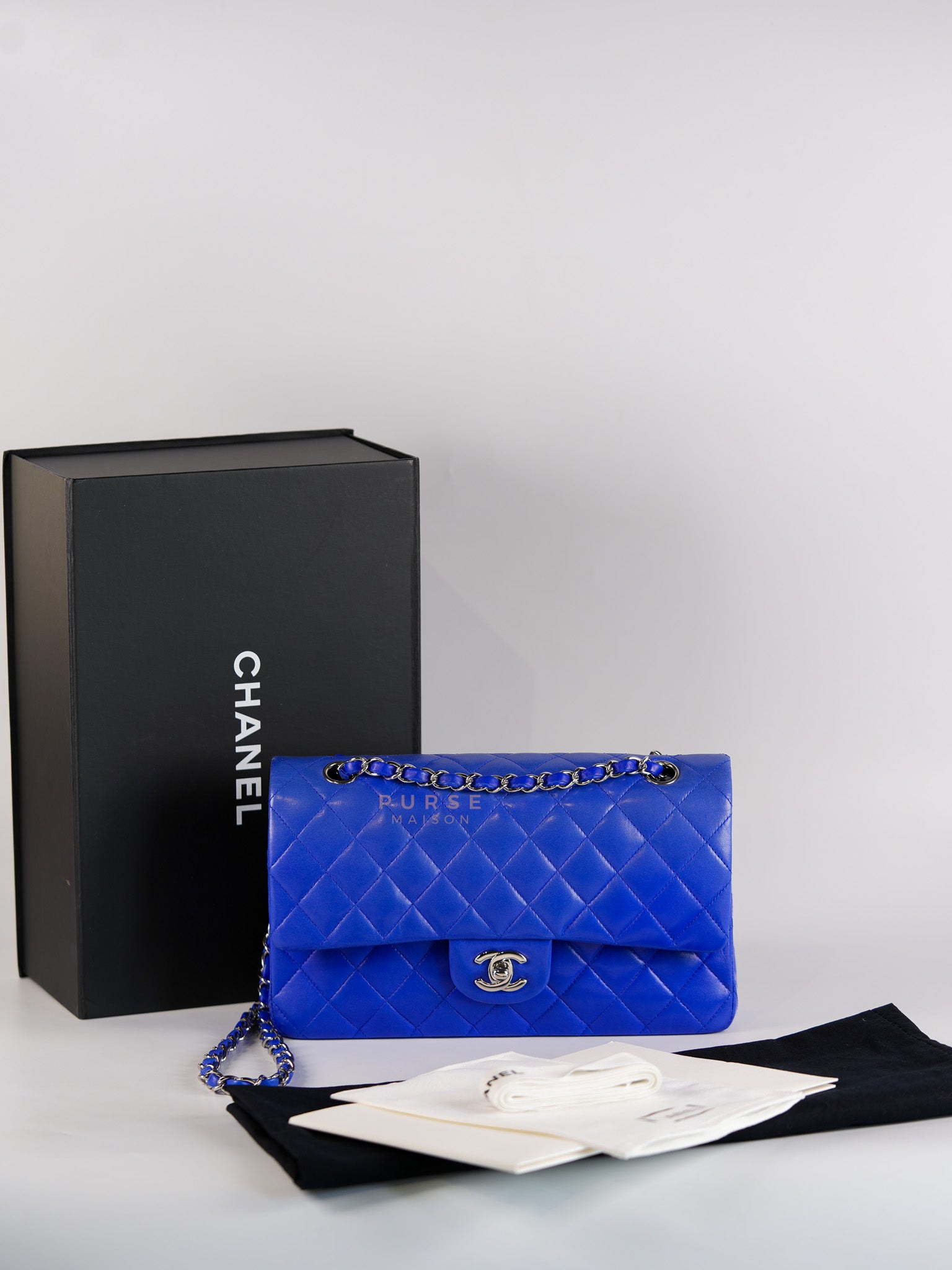Classic Double Flap Medium Blue Lambskin Leather in Silver Hardware Series 13 | Purse Maison Luxury Bags Shop
