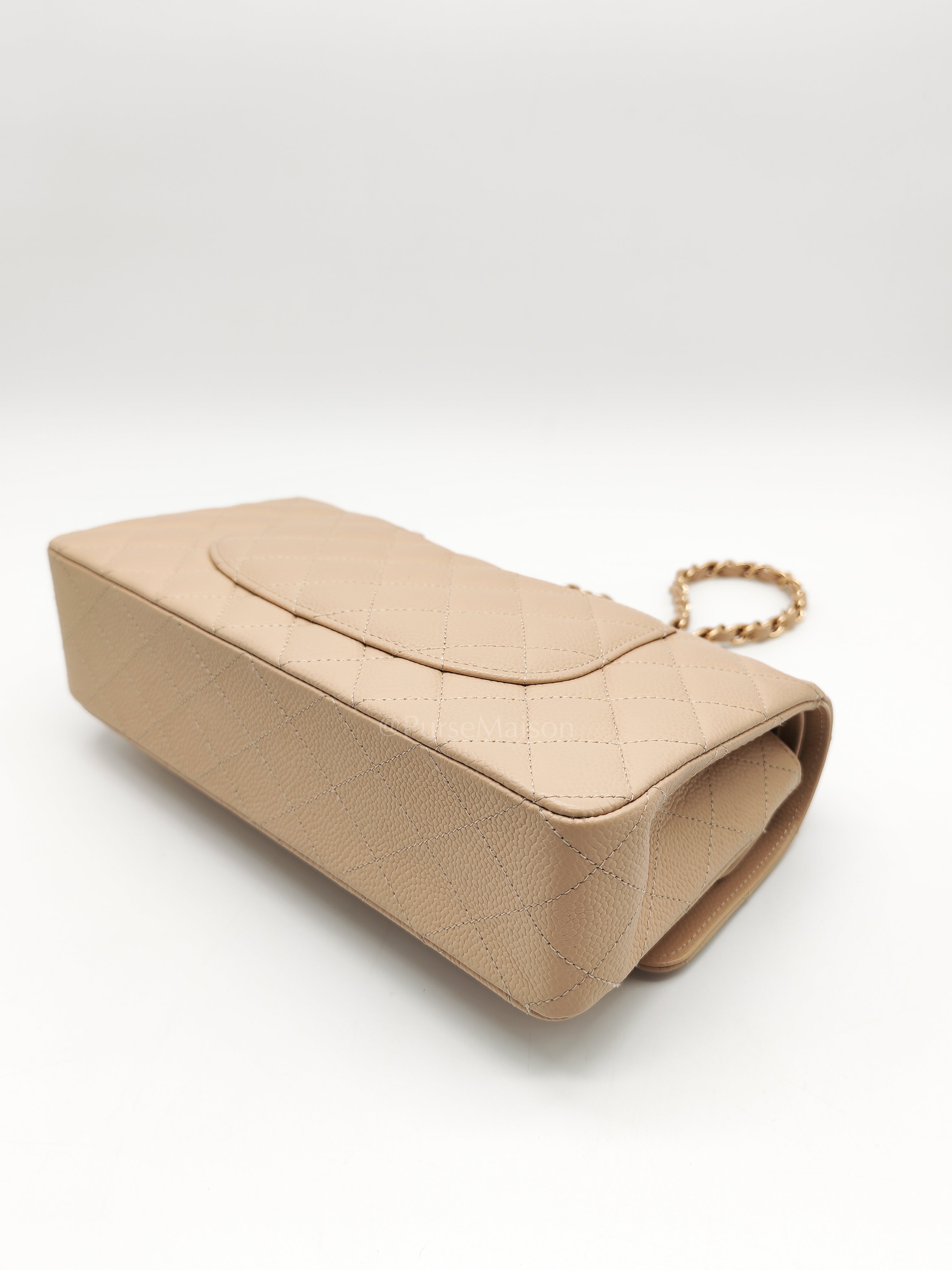 Classic Double Flap Medium in Beige Caviar Leather and Gold Hardware (Microchip) | Purse Maison Luxury Bags Shop