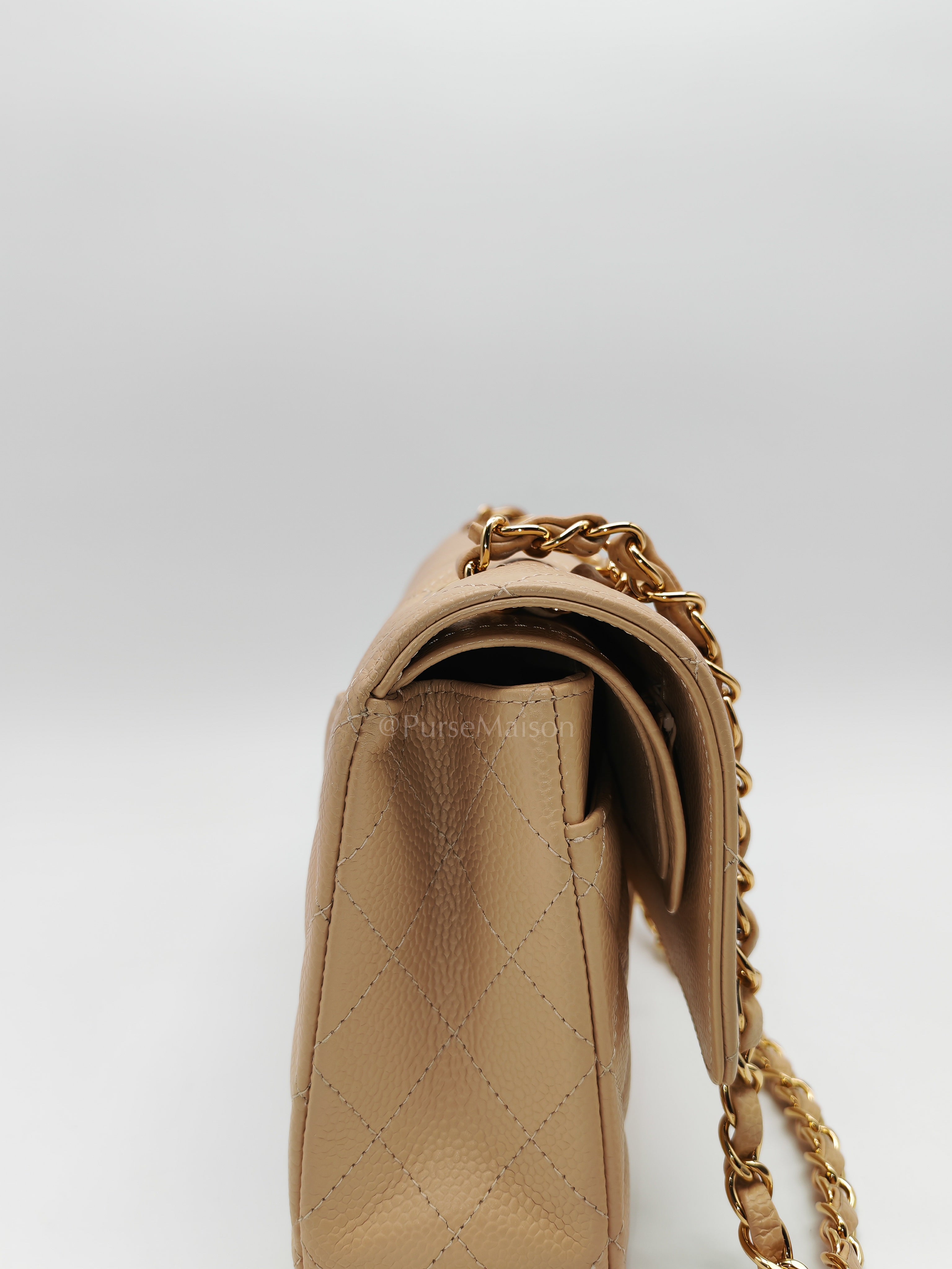 Classic Double Flap Medium in Beige Caviar Leather and Gold Hardware (Microchip) | Purse Maison Luxury Bags Shop