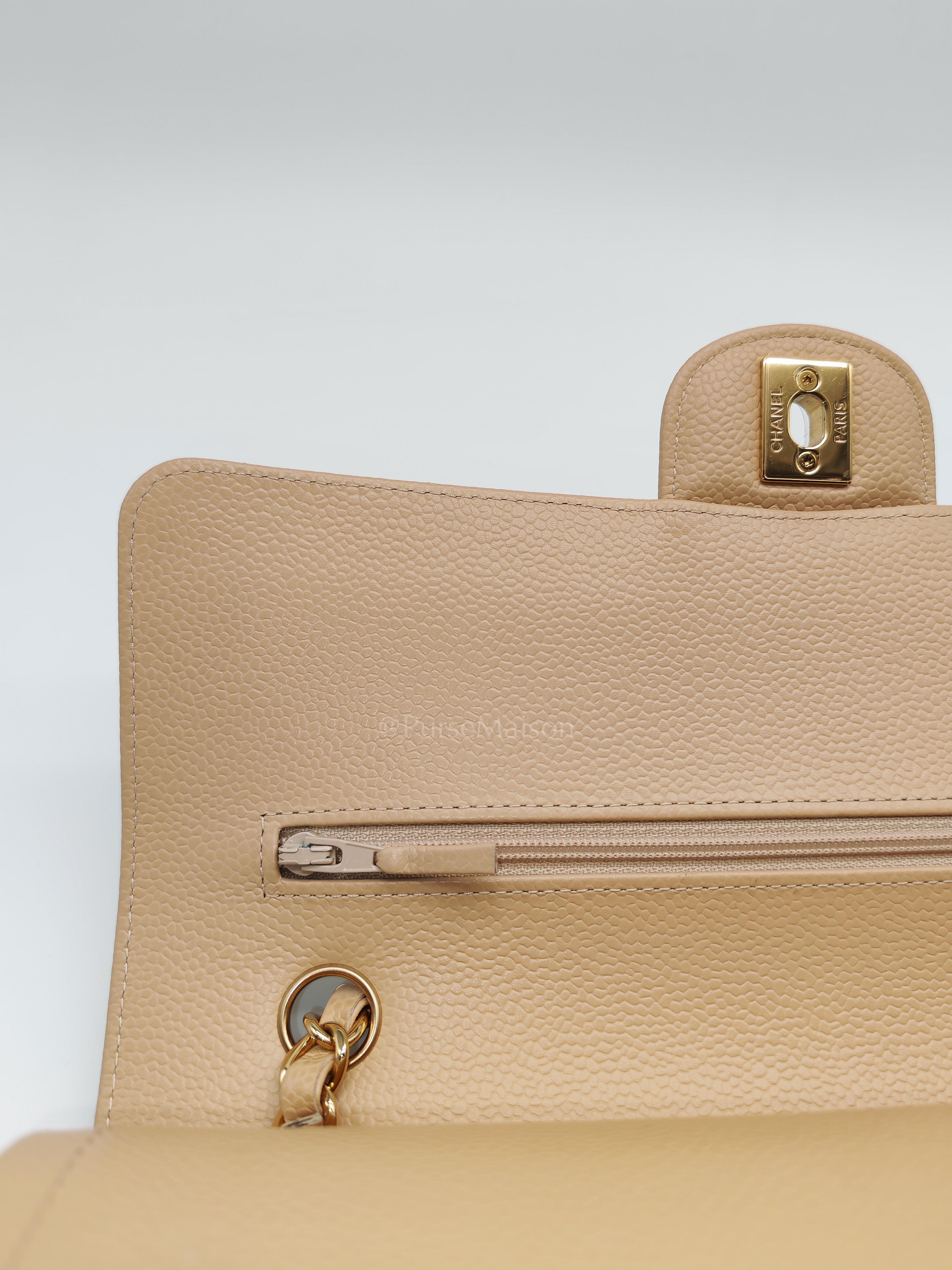 Classic Double Flap Medium in Beige Caviar Leather and Gold Hardware (Microchip) | Purse Maison Luxury Bags Shop