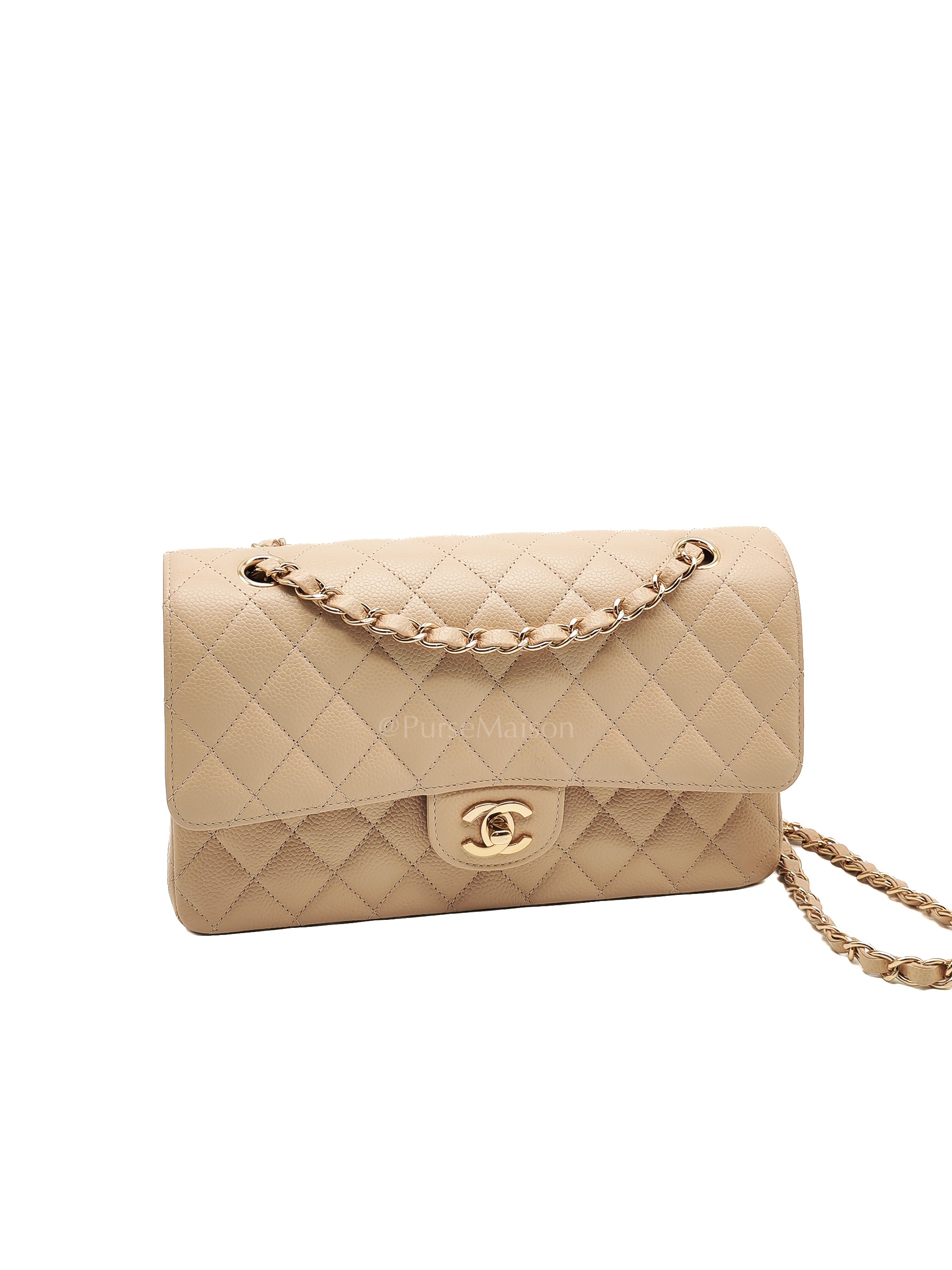 Classic Double Flap Medium in Beige Caviar Leather and Gold Hardware (Microchip) | Purse Maison Luxury Bags Shop