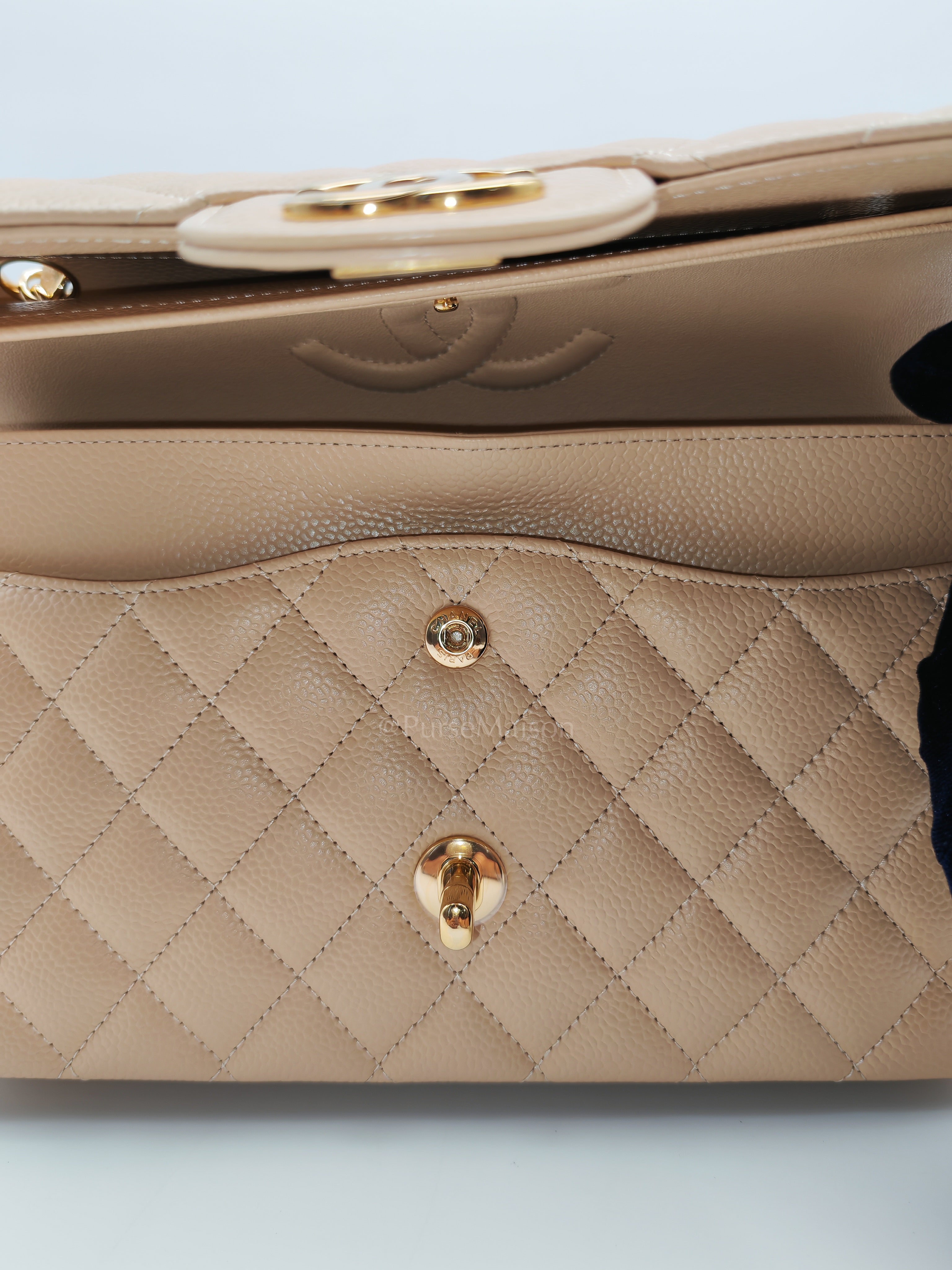 Classic Double Flap Medium in Beige Caviar Leather and Gold Hardware (Microchip) | Purse Maison Luxury Bags Shop