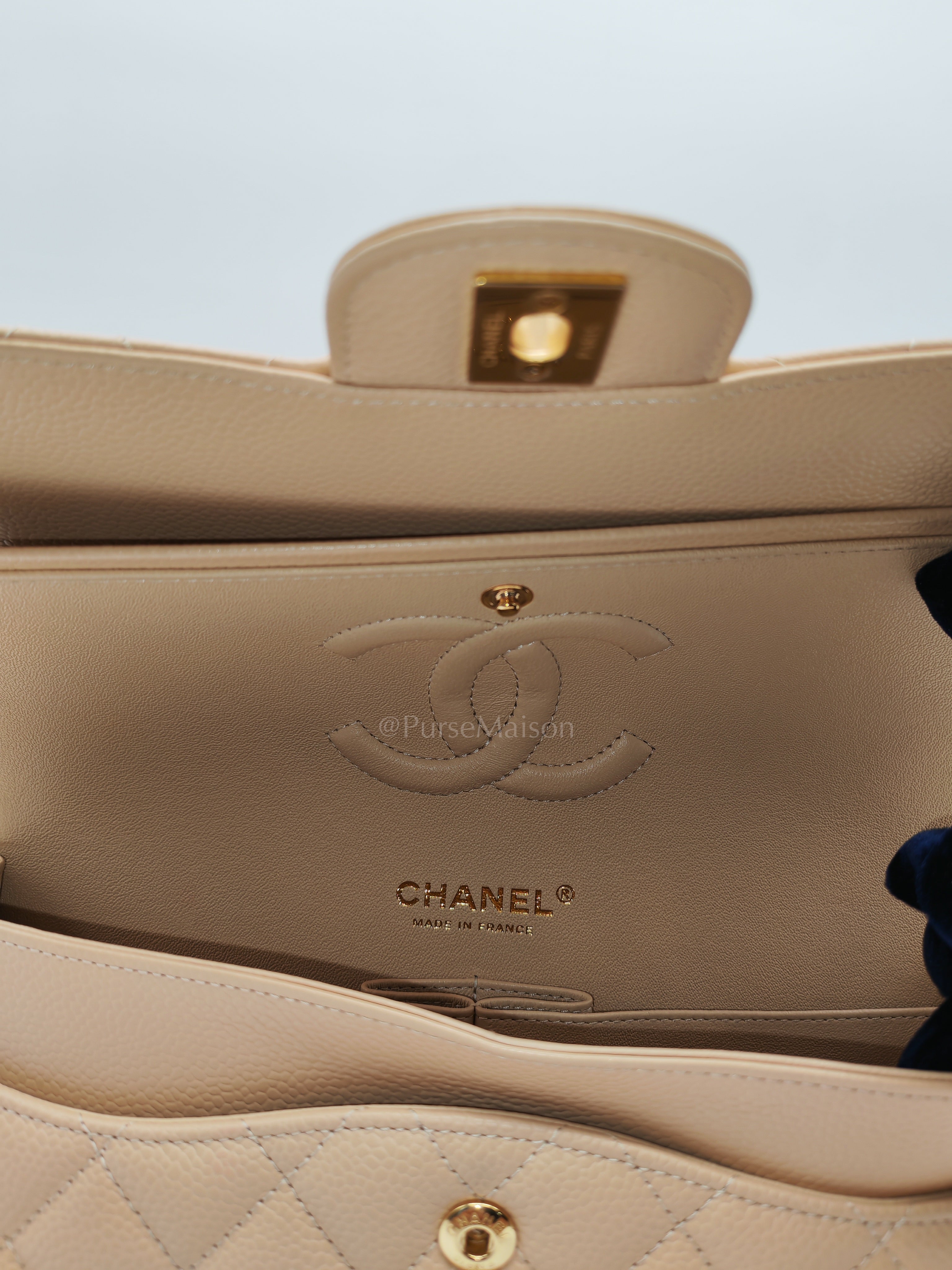 Classic Double Flap Medium in Beige Caviar Leather and Gold Hardware (Microchip) | Purse Maison Luxury Bags Shop