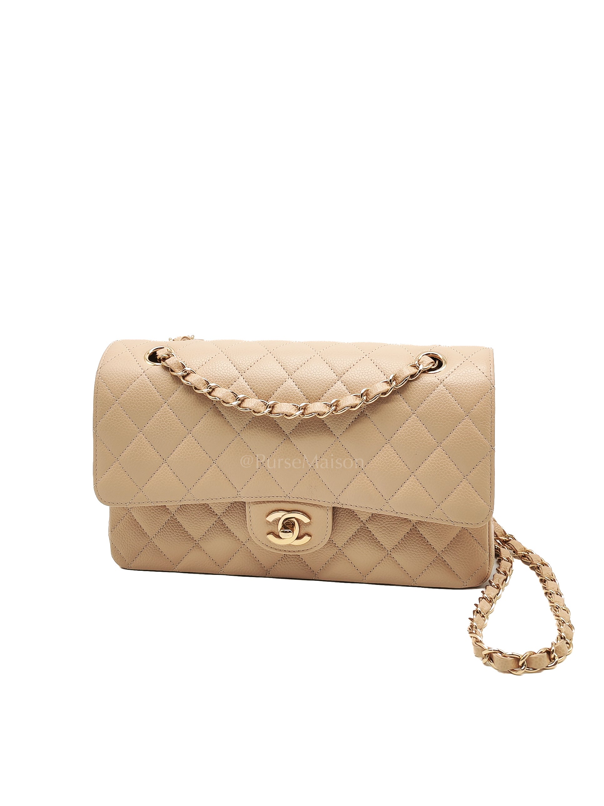 Classic Double Flap Medium in Beige Caviar Leather and Gold Hardware (Microchip) | Purse Maison Luxury Bags Shop
