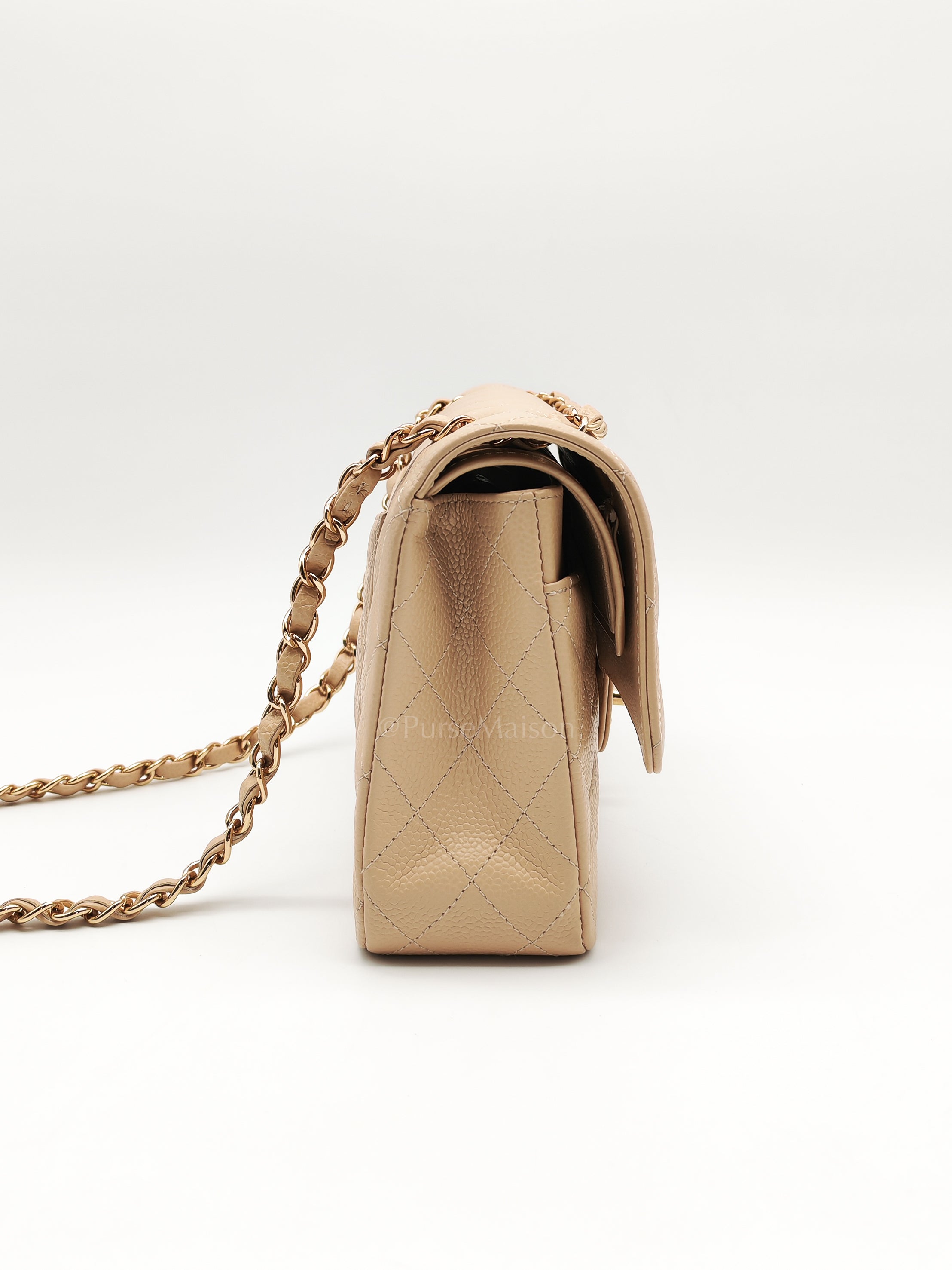Classic Double Flap Medium in Beige Caviar Leather and Gold Hardware (Microchip) | Purse Maison Luxury Bags Shop