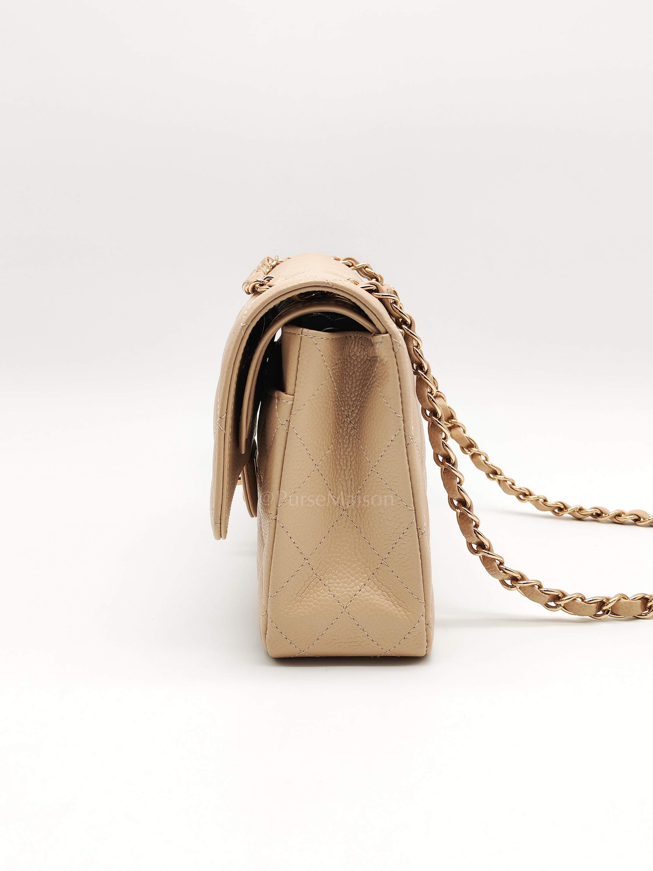Classic Double Flap Medium in Beige Caviar Leather and Gold Hardware (Microchip) | Purse Maison Luxury Bags Shop