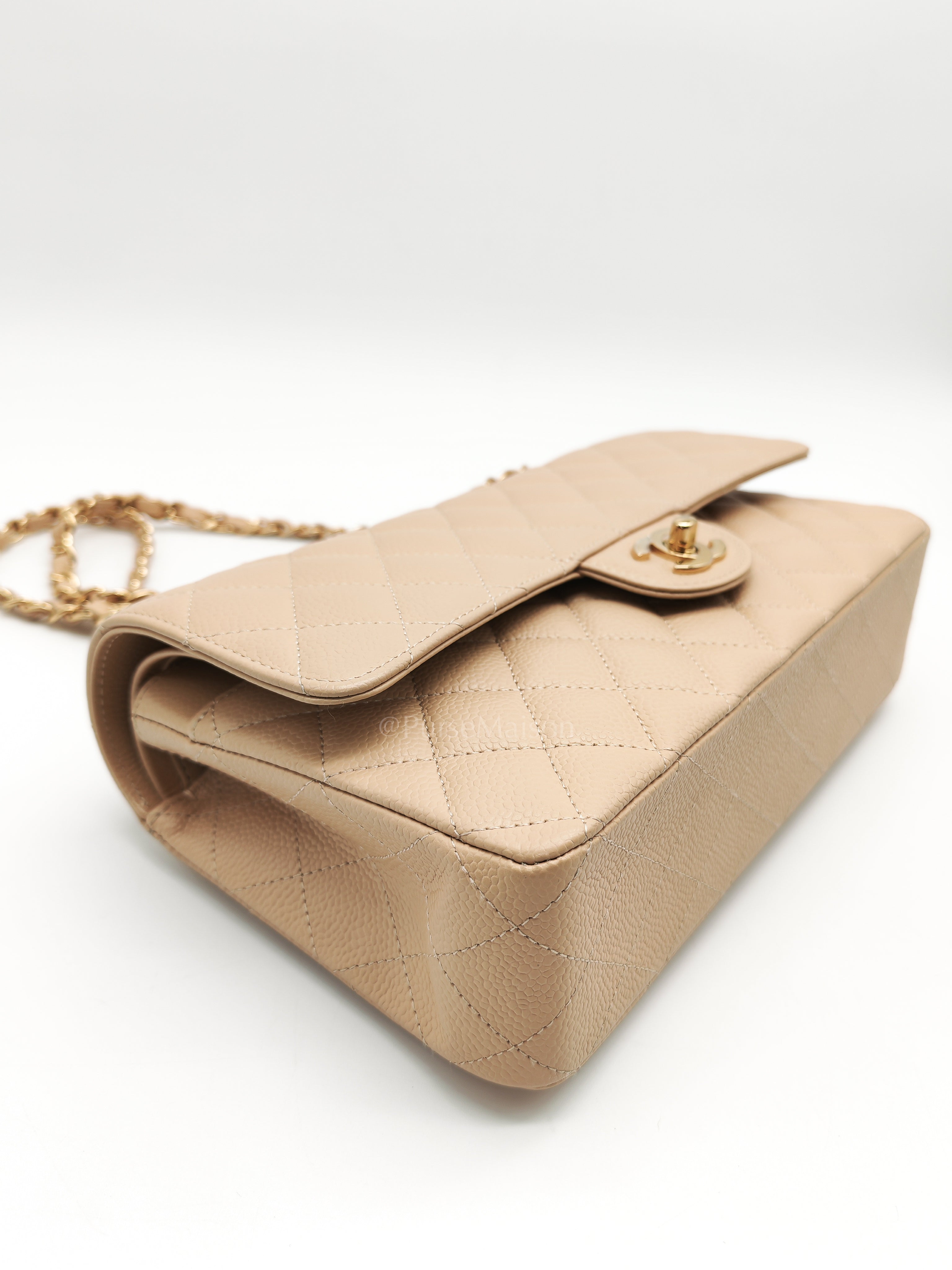 Classic Double Flap Medium in Beige Caviar Leather and Gold Hardware (Microchip) | Purse Maison Luxury Bags Shop